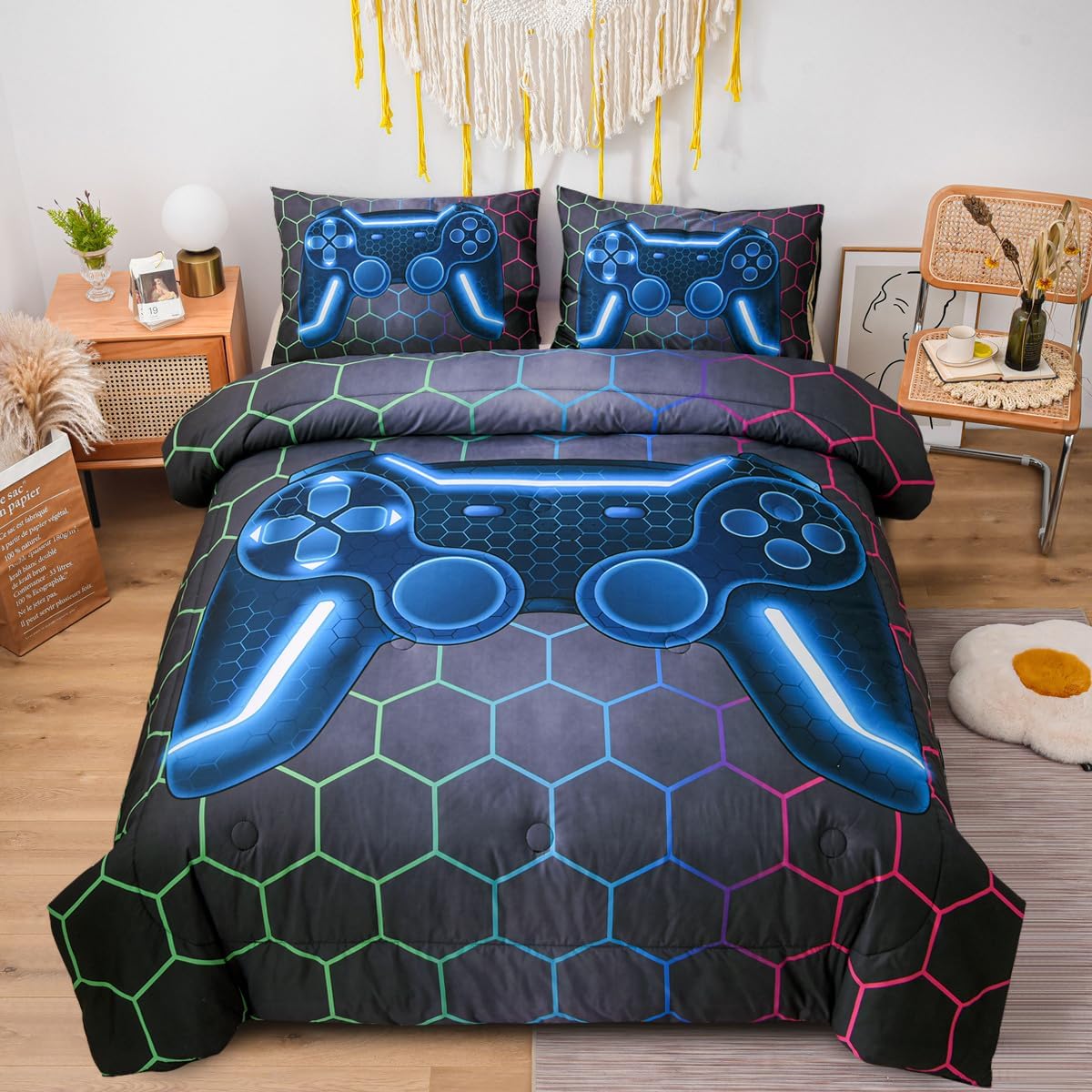 NTBED Game Console Comforter Set for Boys Girls Kids 3D Gaming Geometric Lightweight Microfiber Bedding Sets (Multi, Queen)