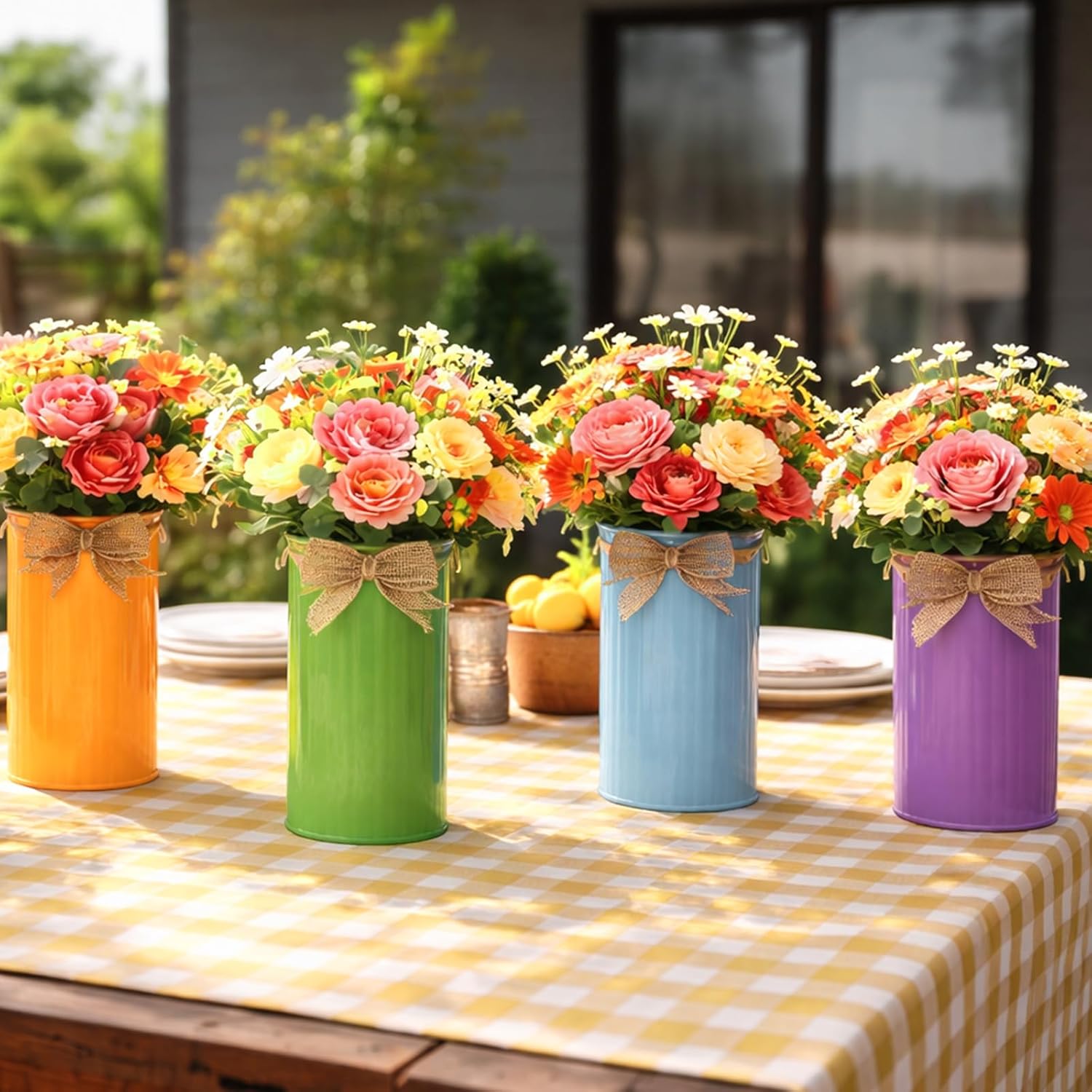 Cinrobiye 12 Set Rustic Galvanized Metal Vase for Table Centerpieces 5.9 Inch Farmhouse Flower Bucket with Twine Bow Vintage Vase for Artificial Flowers Wedding Reception Dining Table Home Decor