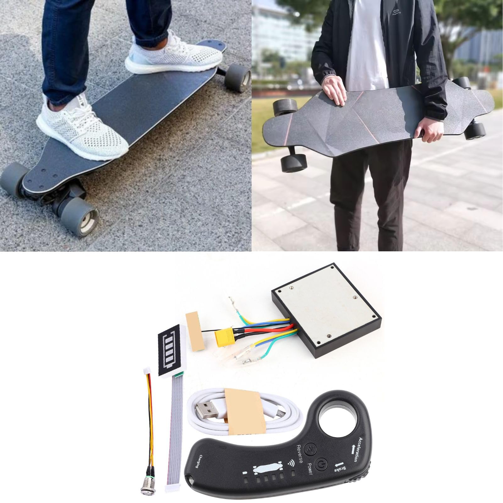 Elektro Skateboard Controller ESC Set, 36V 12A 430W Elektrisches Longboard Doppelantrieb Sinuswelle Bürstenloser Nabenmotor Hauptplatine ESC mit Fernbedienung