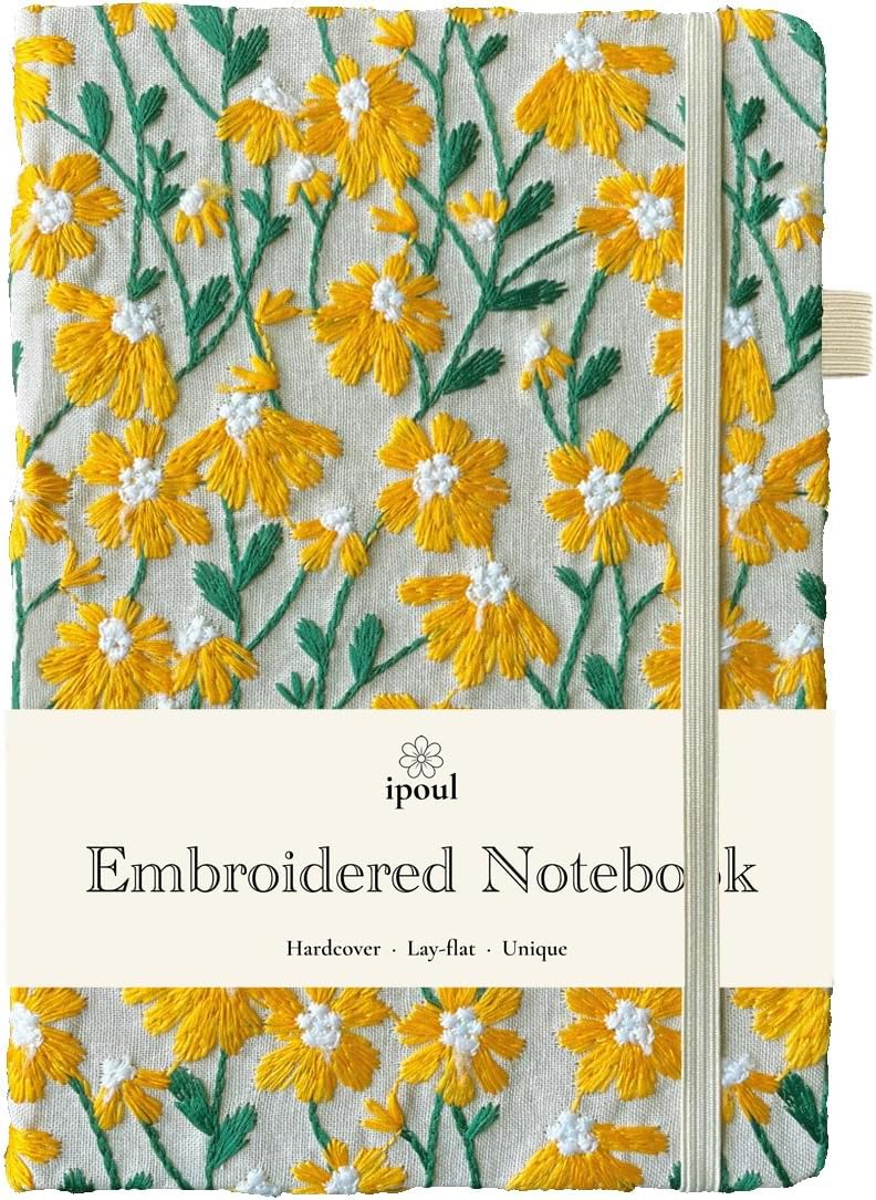 ipoul Graph Notebook, Grid Journal, Squared Paper, A5, 8"x6", Hardcover, Lay Flat, Flower Journal, Embroidered, Beautiful Journals for Women, Cute, Pretty, Daisy Gift, Yellow