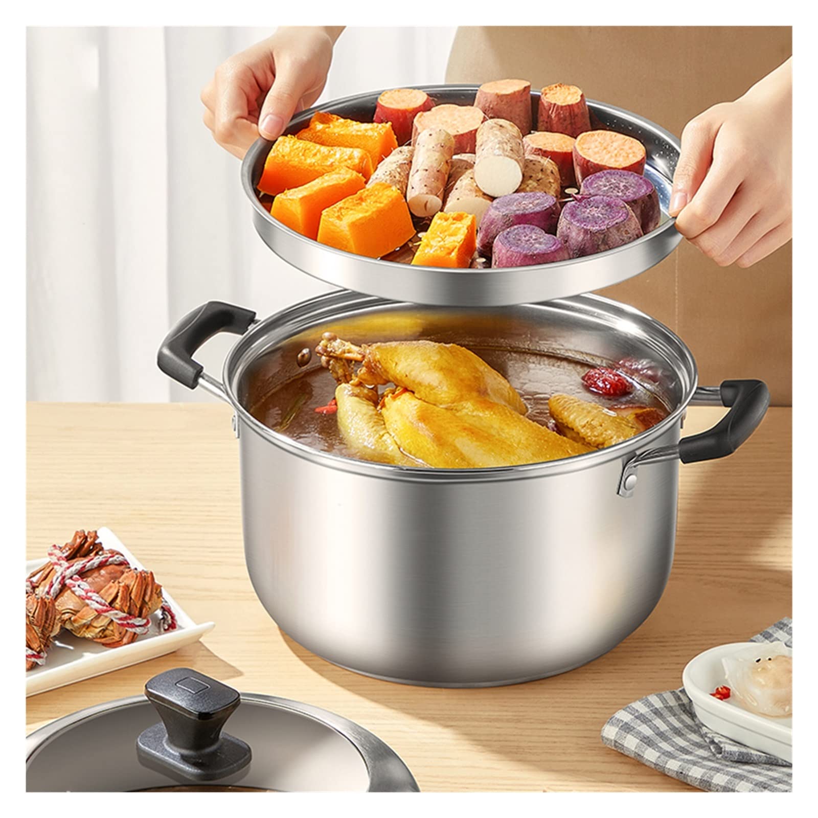 Casserole en acier inoxydable haut de gamme avec panier à vapeur intégré