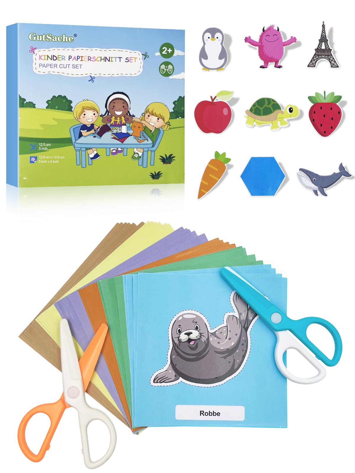 GutSache Kinderschere Set mit 2 Scheren und 48 Bastelpapier, Bastelset für Kinder ab 2 Jahre, Montessori Lernspielzeug für Feinmotorik, Vorschule & zu Hause, Ideales Mitgebsel Gastgeschenk