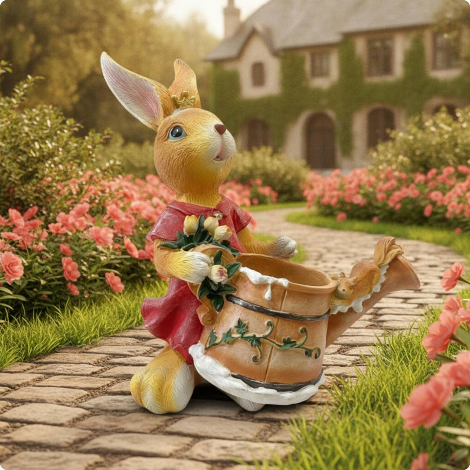 Hase mit Korb Stabil Kaninchenfigur Osthase für Fans, Gartenliebhab, Hase Mit Gießkanne Und Blumen