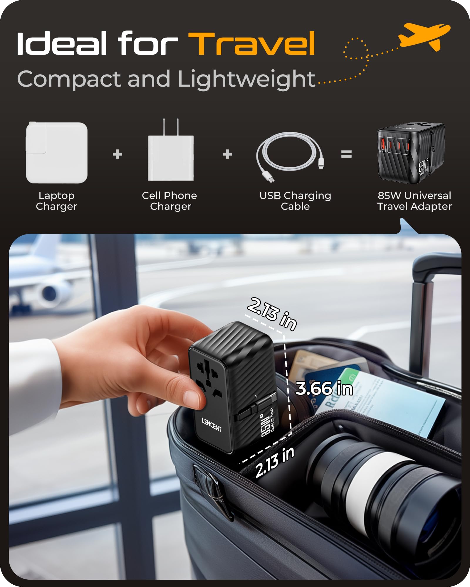 LENCENT GaN 85W Adattatore Universale da Viaggio con Cavo USB C Retrattile | Adattatore Spina Internazionale con 3 USB-C e 1 USB-A Ricarica Rapida, Spina Presa Mondiale per EU a Stati Uniti, UK, AUS
