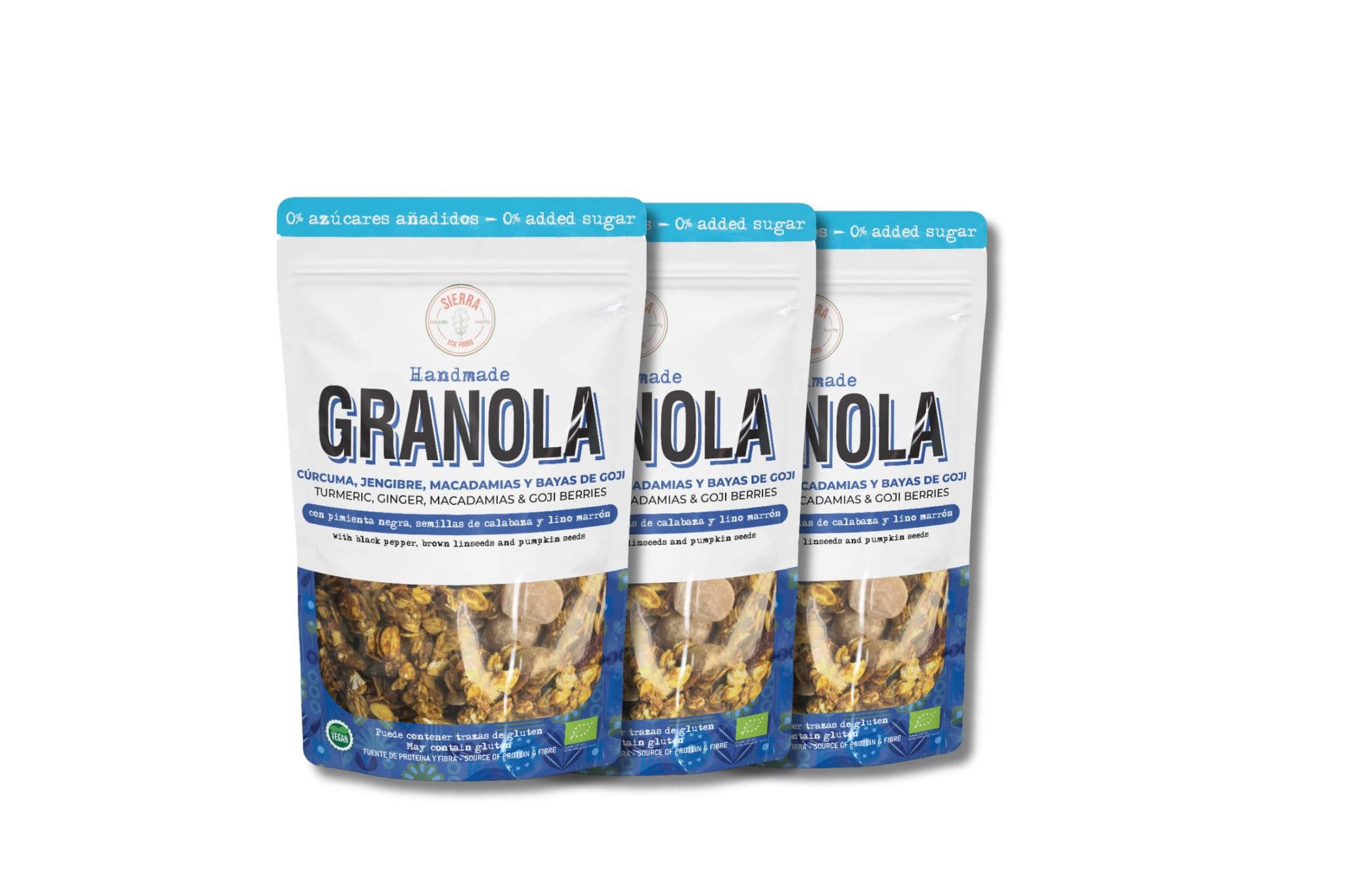 Granola Ecológica y Artesana, 0% Azucares Añadidos, Cúrcuma, Pimienta Negra, Jengibre, Macadamias y Bayas de Goji, Pasta de Dátiles, Semillas de Calabaza y Lino Marrón (Pack: 3 bolsas x 300g)