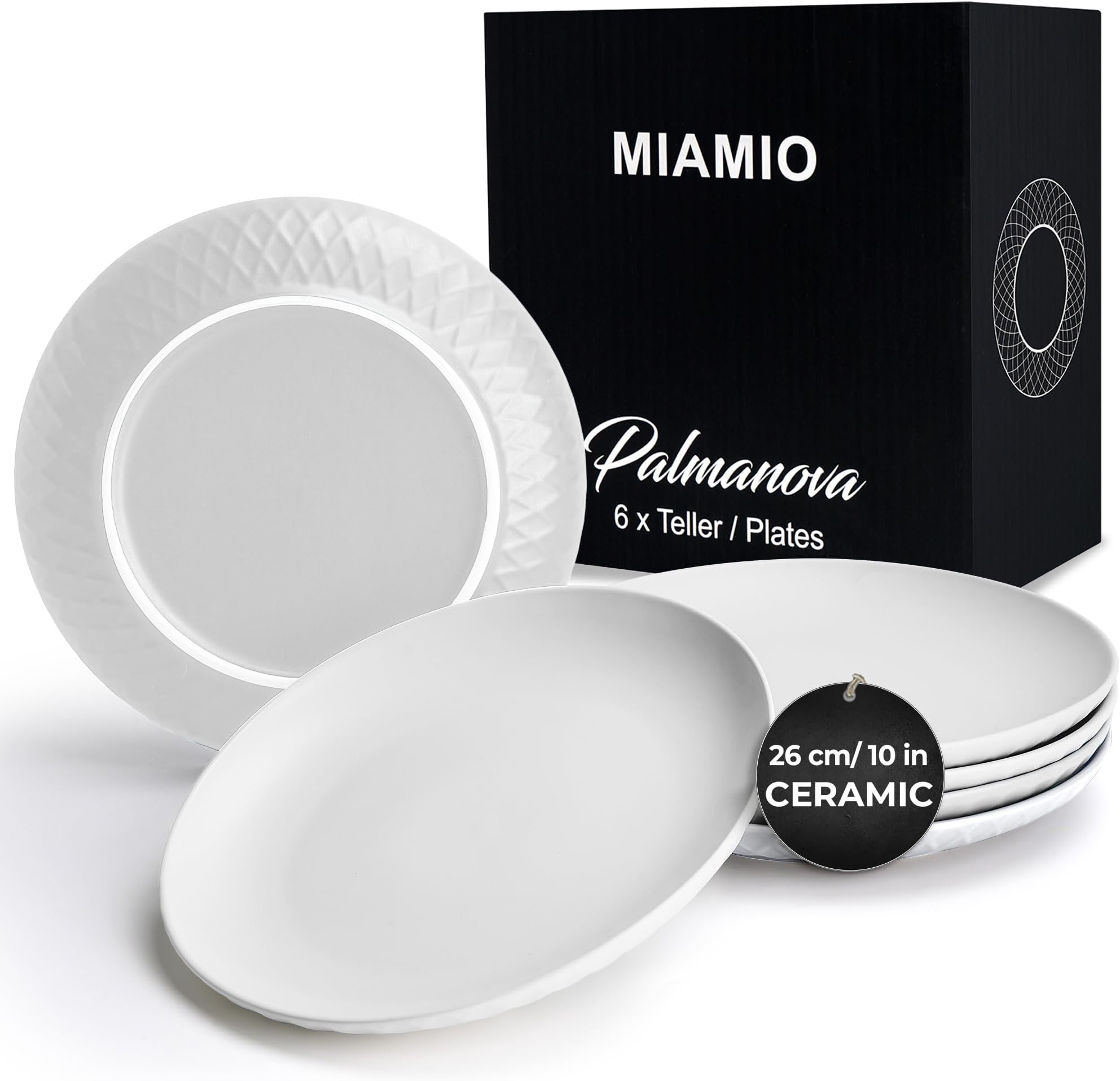 MIAMIO – Plates Set of 6 / Modern Plate Set made of Ceramic/Stoneware - Palmanova Collection (White, 10 Inch)