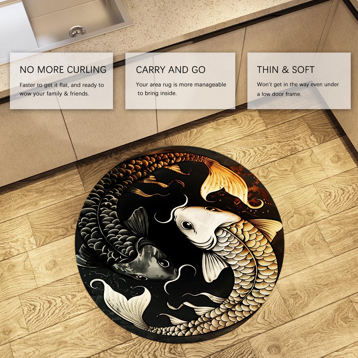 Japonais Carpe Round Carpette 100cm Lit Koi Poisson Graphique Abstrait Motif Art Lavable antidérapant résistant Tache Fin Salle Manger Circulaire véranda Tapis