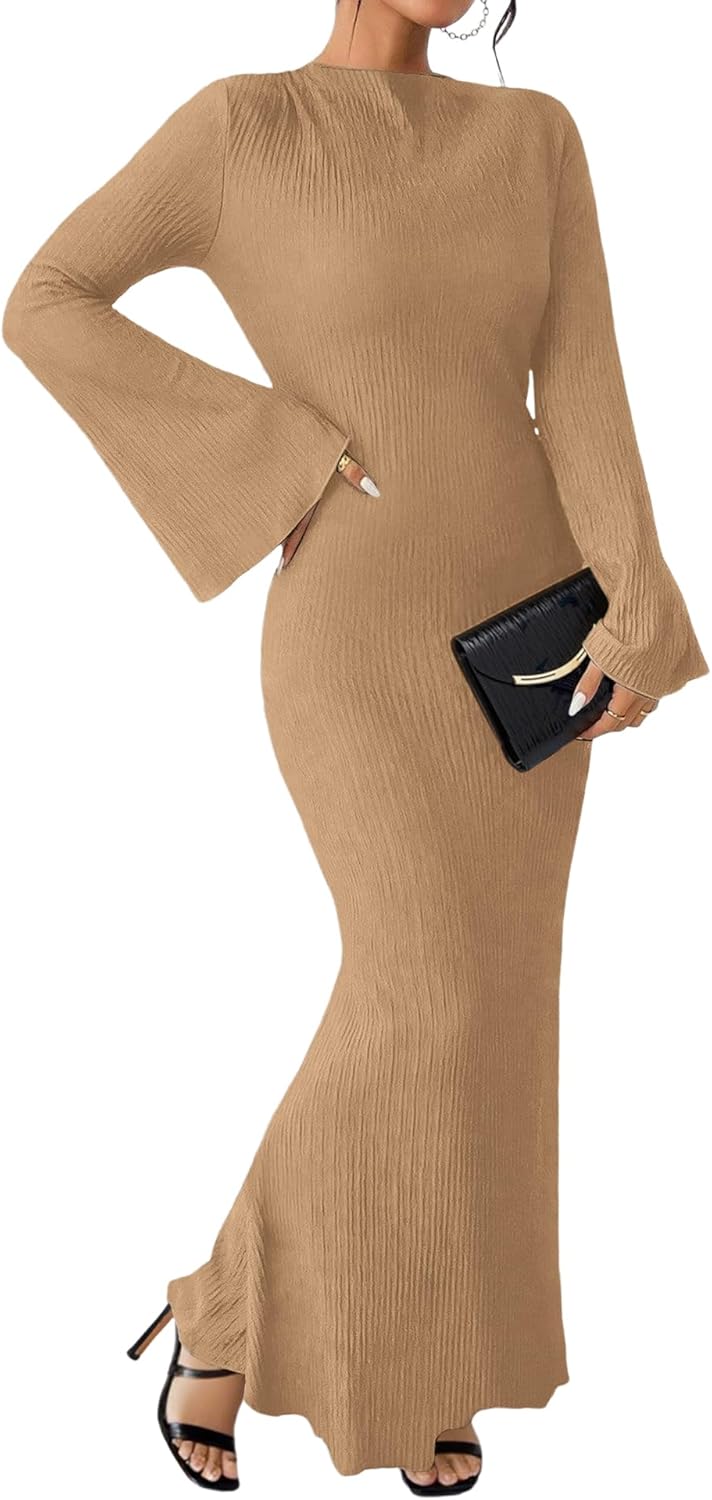 Ammiko Women's Fall Fashion 2025 Long Sleeve Maxi Dresses Solid Color Boho Dress Boat Neck Flare Sleeve Bodycon Dress - Image 2