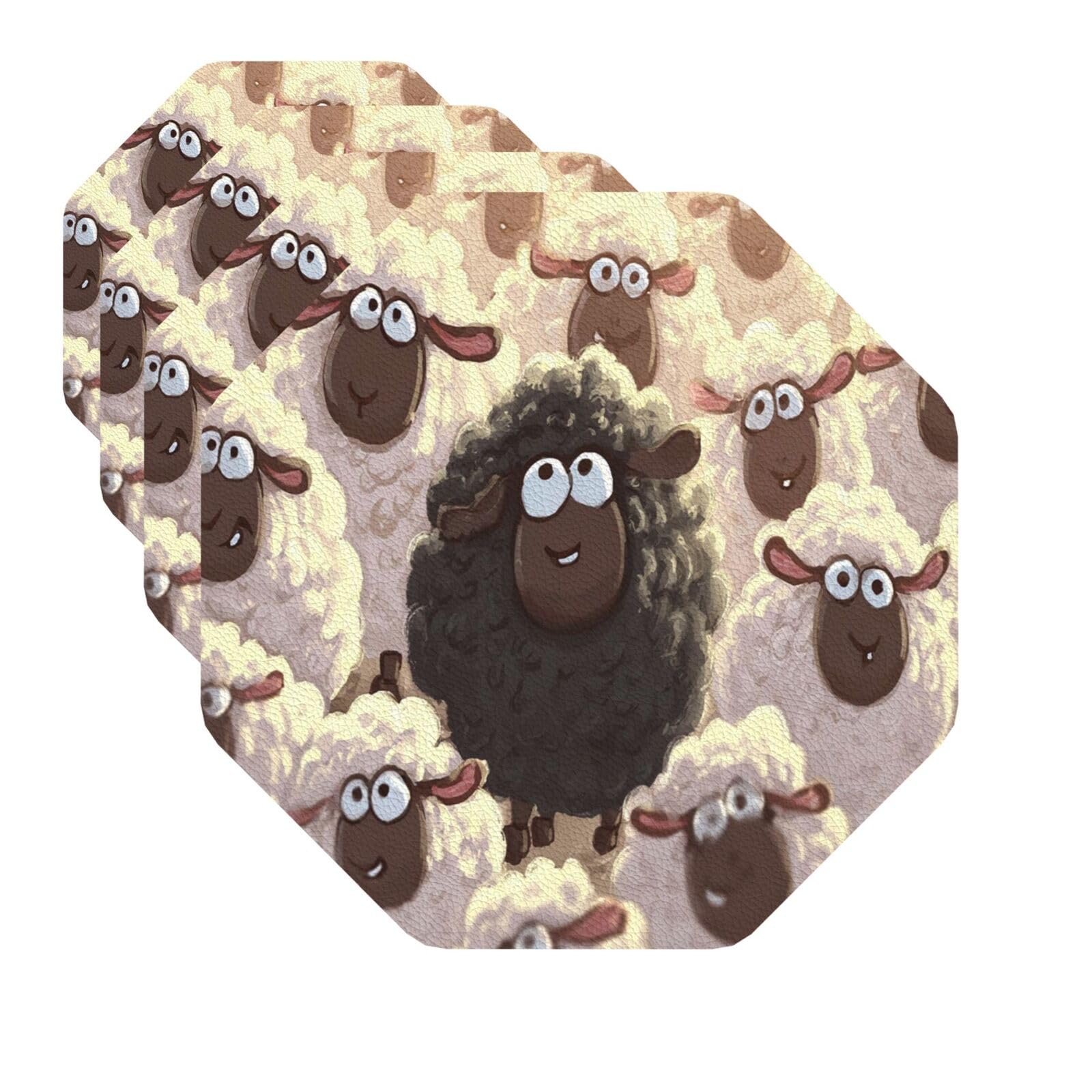Drink Coasters Set of 4 Quick-Dry Leather Coaster Cartoon Black White Sheep Coasters for Drinks Coffee Cup Mat Tabletop Protection Heat Resistant Coaster for Kitchen Bar Office Home Decor