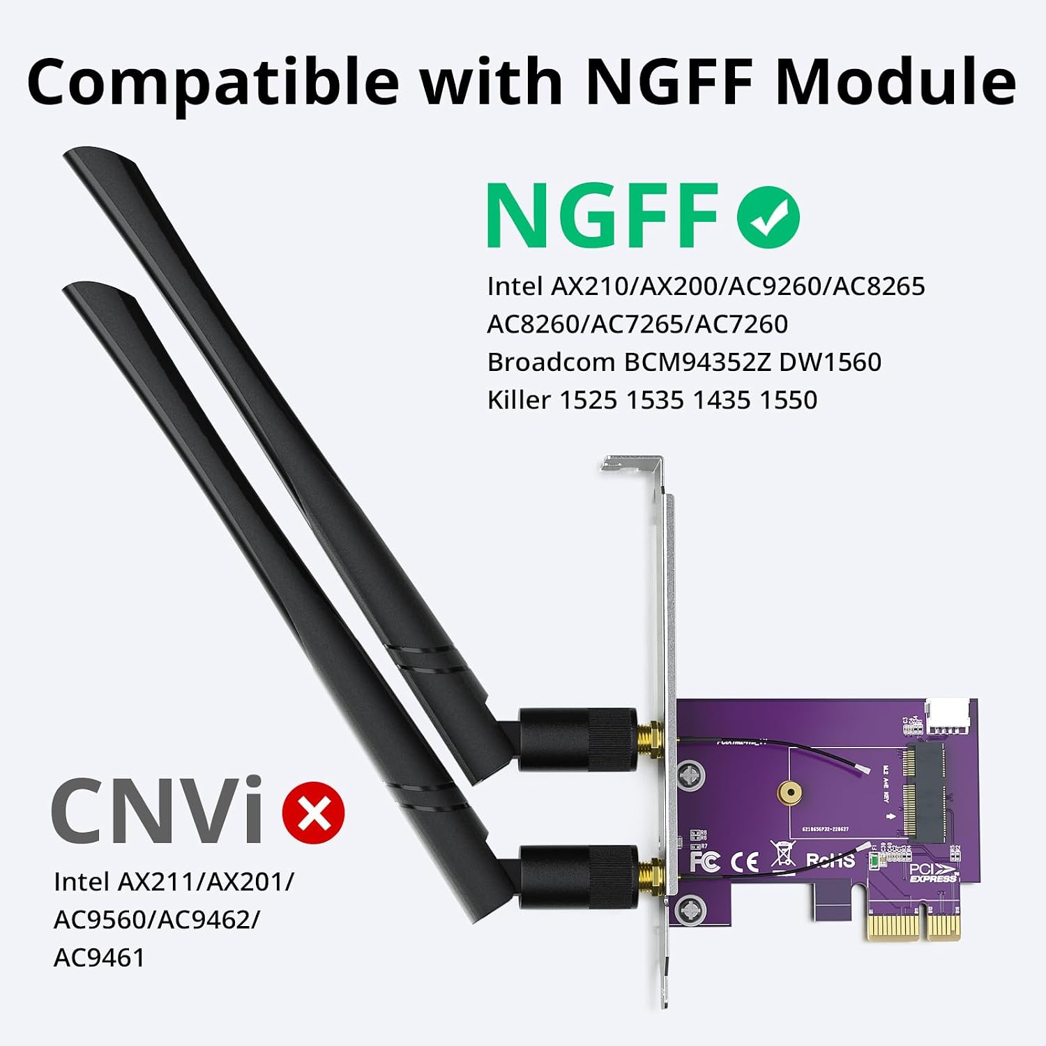 ipolex PCIe x1 to M.2(A+E Key) WiFi Bluetooth Wireless Module Adapter Card with Dual-Band 2.4&5G 2x5dBi Antenna image 5