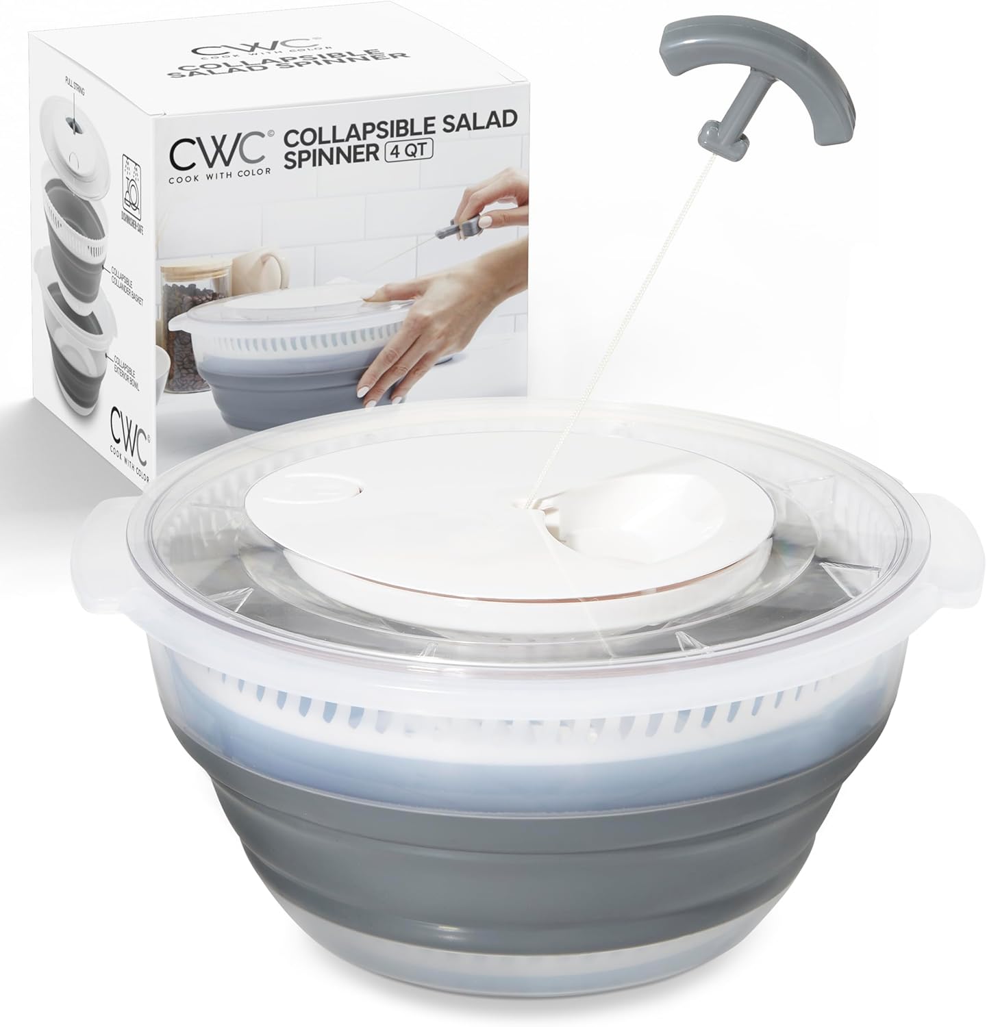 cook with color collapsible salad spinner - 4 qt space saving lettuce dryer with folding collapsible colander great for washing and drying fruit and vegetables (grey) gray