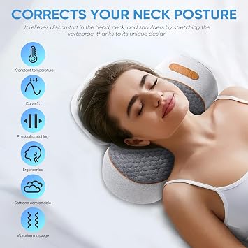 Neck Massager Pillow, 4-in-1 Neck Massager for Neck Pain, Cervical Massage, Heating and Stretching to Relieve Pain, Boost Circulation, and Restore Natural Neck's Alignment (Dark Grey)