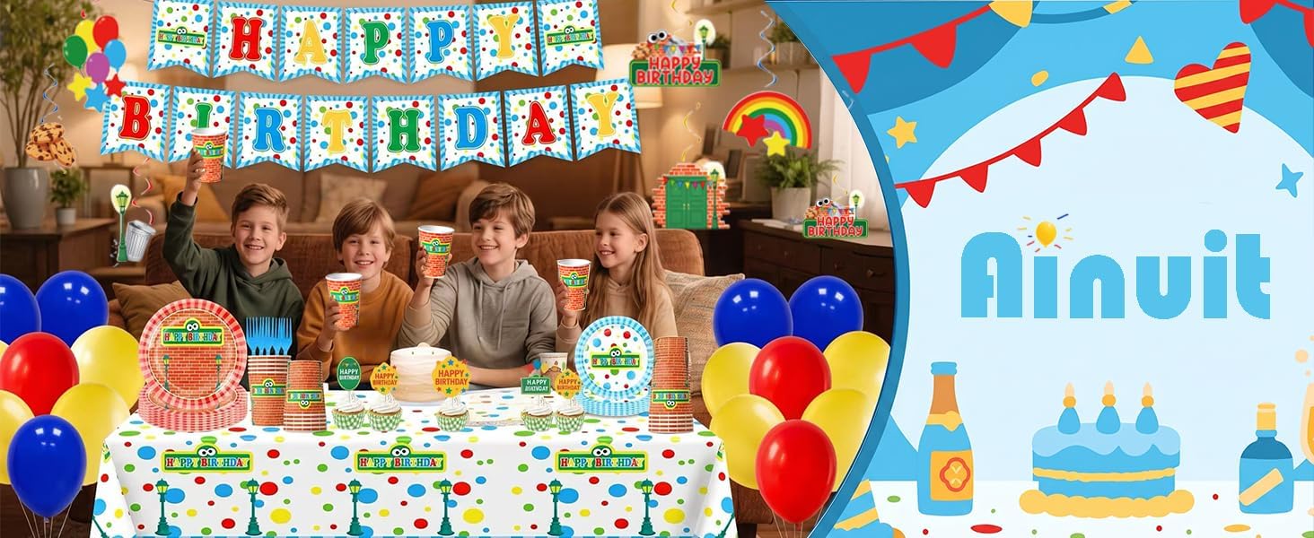 152 PCS Cartoon Street Birthday Party Decorations & Tableware Set - Includes Banner, Tablecloth, Plates, Napkins, Cups, Forks, Balloons, Cake Toppers - Primary Colors Party Supplies Serves 20 image 4