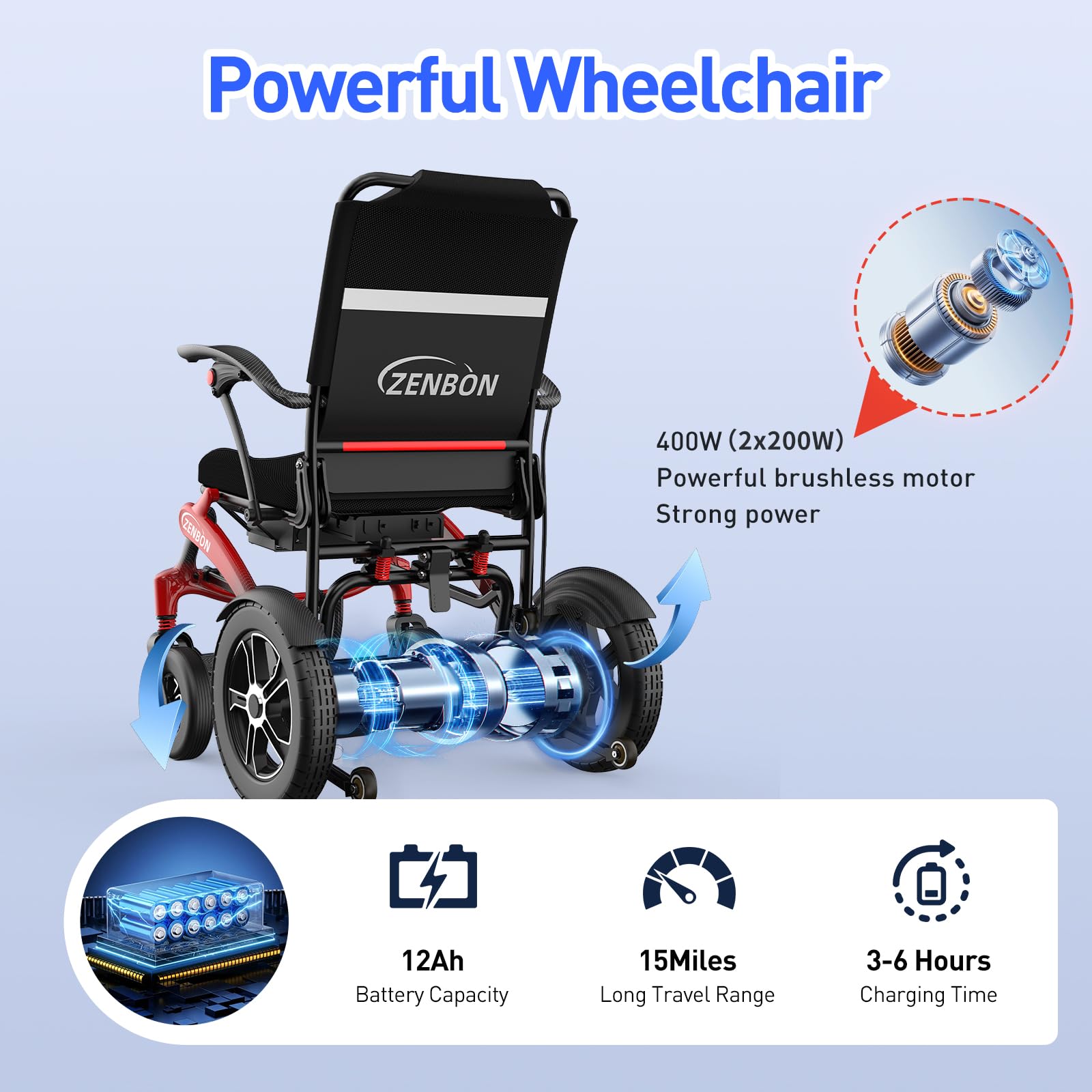 Silla de Ruedas Eléctrica Plegable de Carbono 19,8 kg: Silla de Ruedas Eléctrica Ligera y Plegable con Ruedas Grandes de PU de 30 cm para Todo Tipo de Terrenos Hasta 150 kg