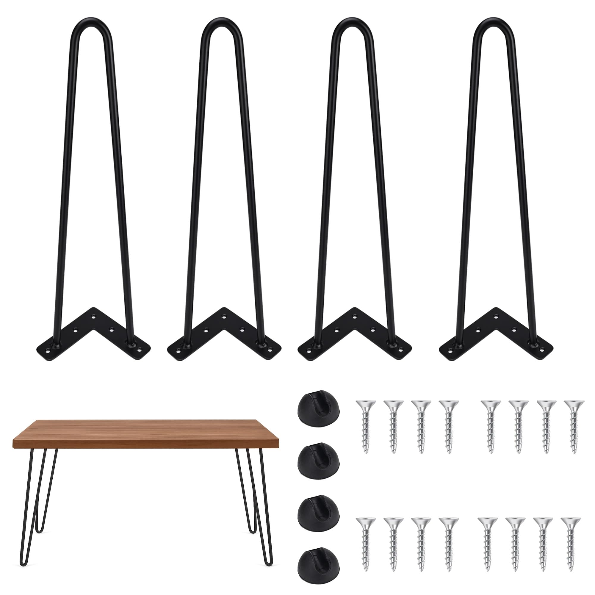 QUELIEN 16 Inch Table Legs, Hairpin Metal Coffee Table Legs for DIY Furniture Projects, Desk Legs, Nightstand Legs with Rubber Floor Protectors, Black, Set of 4