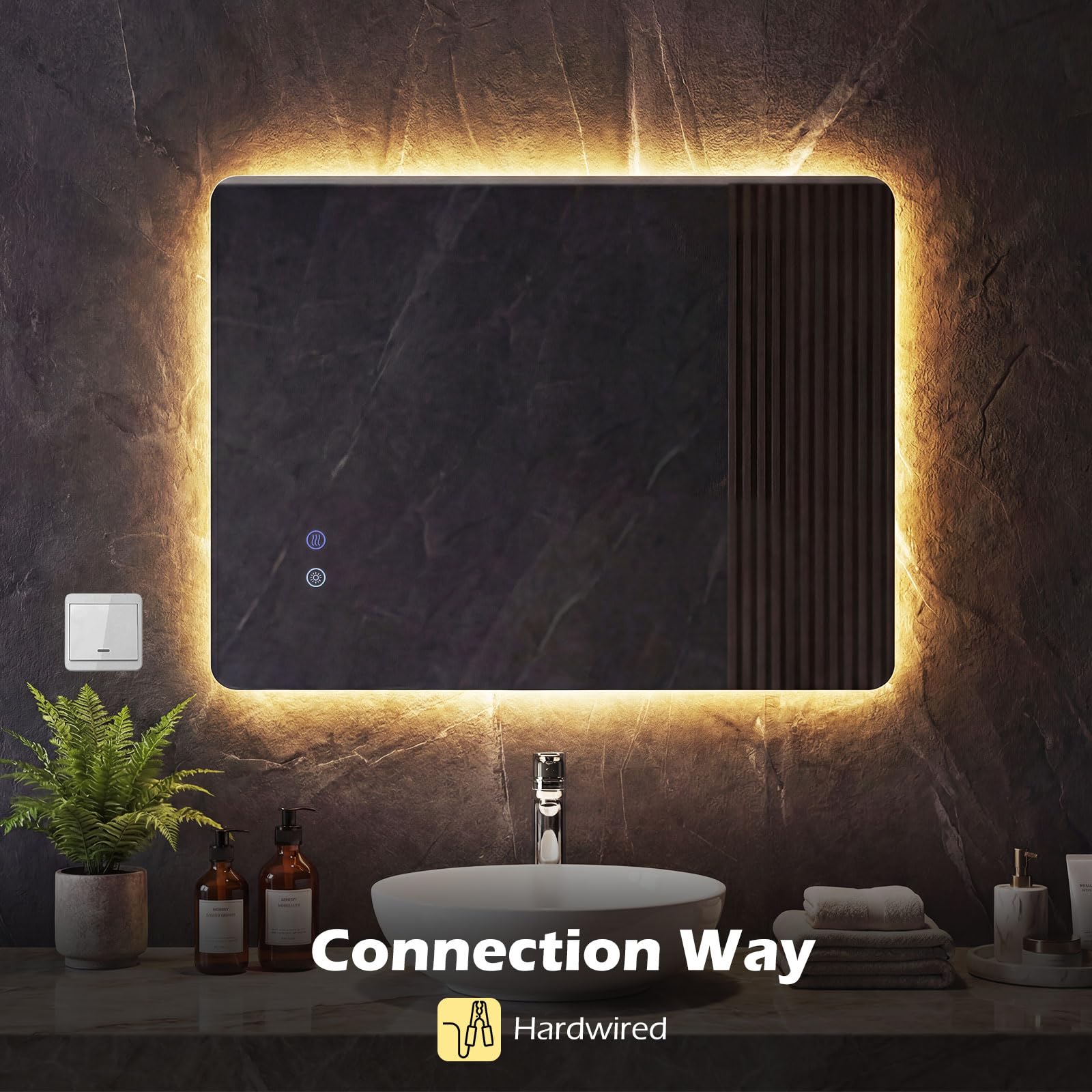 FANTASK Specchio da bagno rettangolare a LED, in vetro temperato, con controllo touch, dimmerabile, funzione anti-appannamento e memoria (70 L x 50 B)