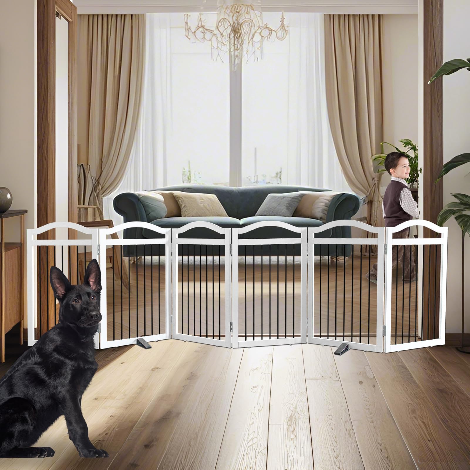 freestanding dog gate indoor wooden pet gates for doorways white foldable dog fence for stairs puppy gate for the house,support feet included,cedar,32" height-6 panels