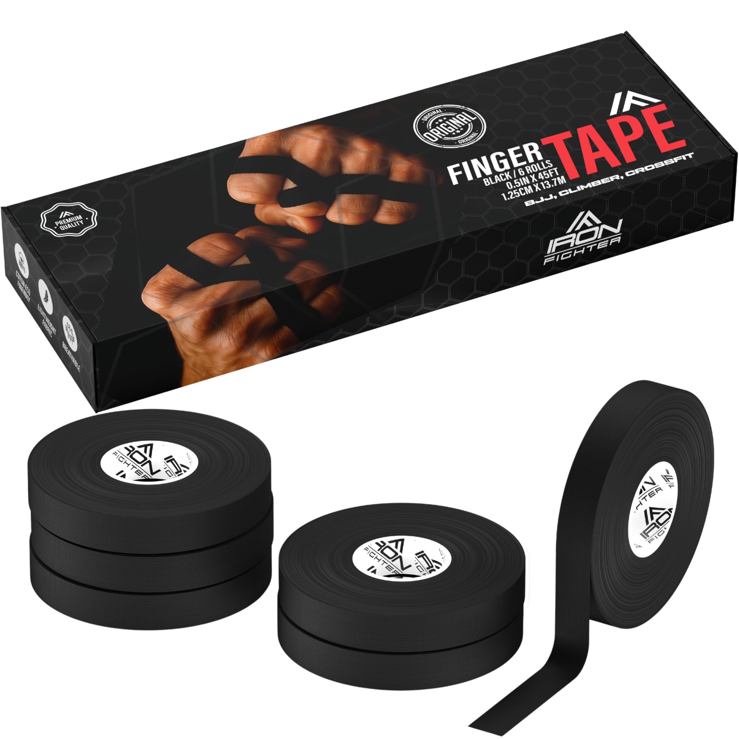 IRON FIGHTER 6X Rolls of Finger Tape Sports 1.25CM/0.5IN X 13.7M/45FT - BJJ Brazilian Jiu Jitsu - Rock Tape for Climbing - Crossfit - MMA - Football - Judo - Volleyball - Black Sports Strapping