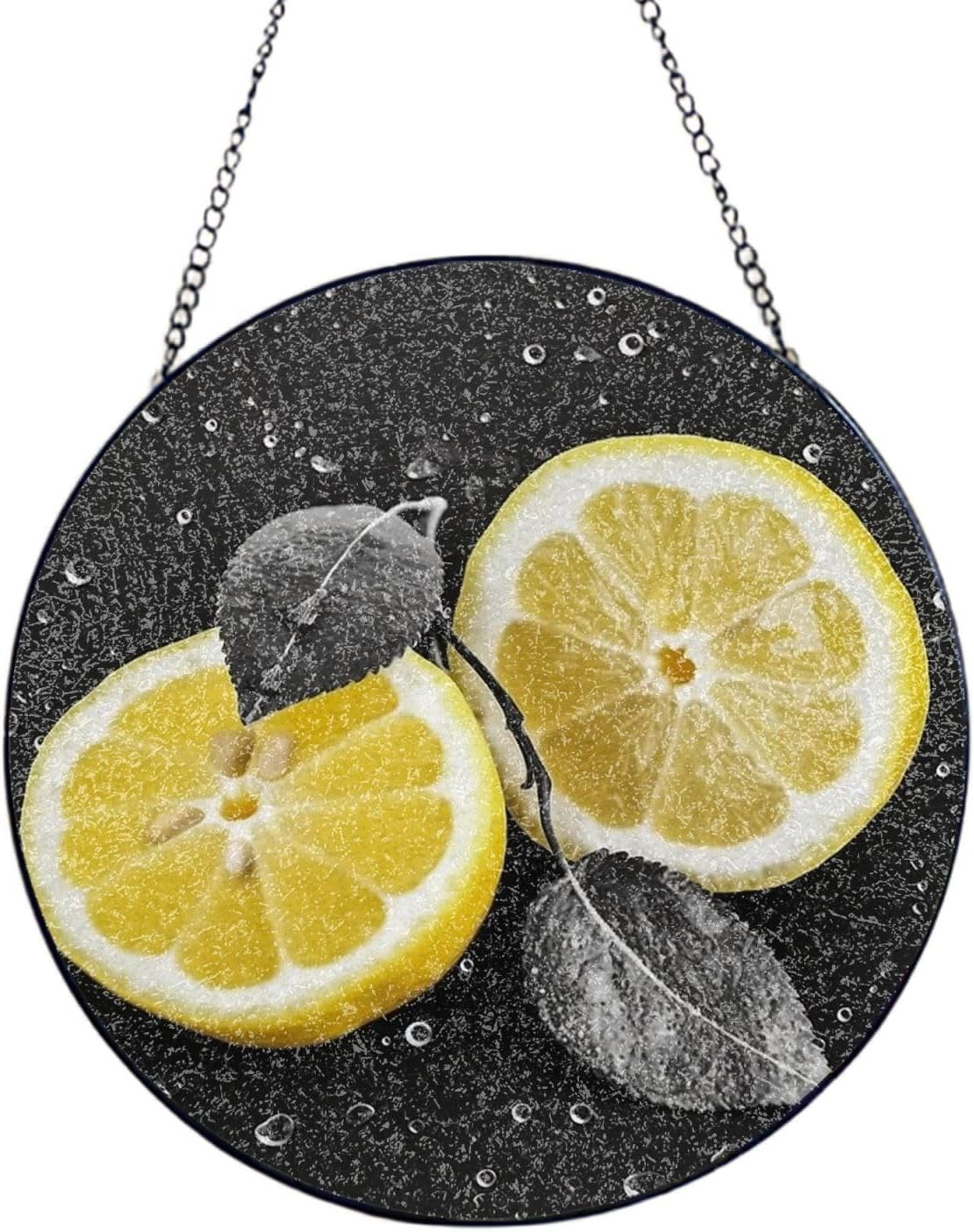 Lemon with on Black and White Stained Glass Suncatcher for Window Hanging Sun Catcher Ornament for Women Men Suncatcher for Home Decor, 8in（20cm） Round Glass Ornament for Mother's Day Birthday Gift