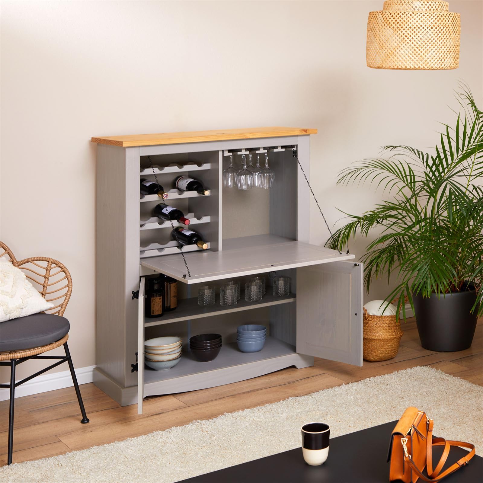 IDIMEX Meuble Bar à vin Tequila Armoire comptoir avec Range Bouteilles vin spiritueux et Range Verres, bahut de Style Mexicain en pin Massif lasuré Gris et Brun