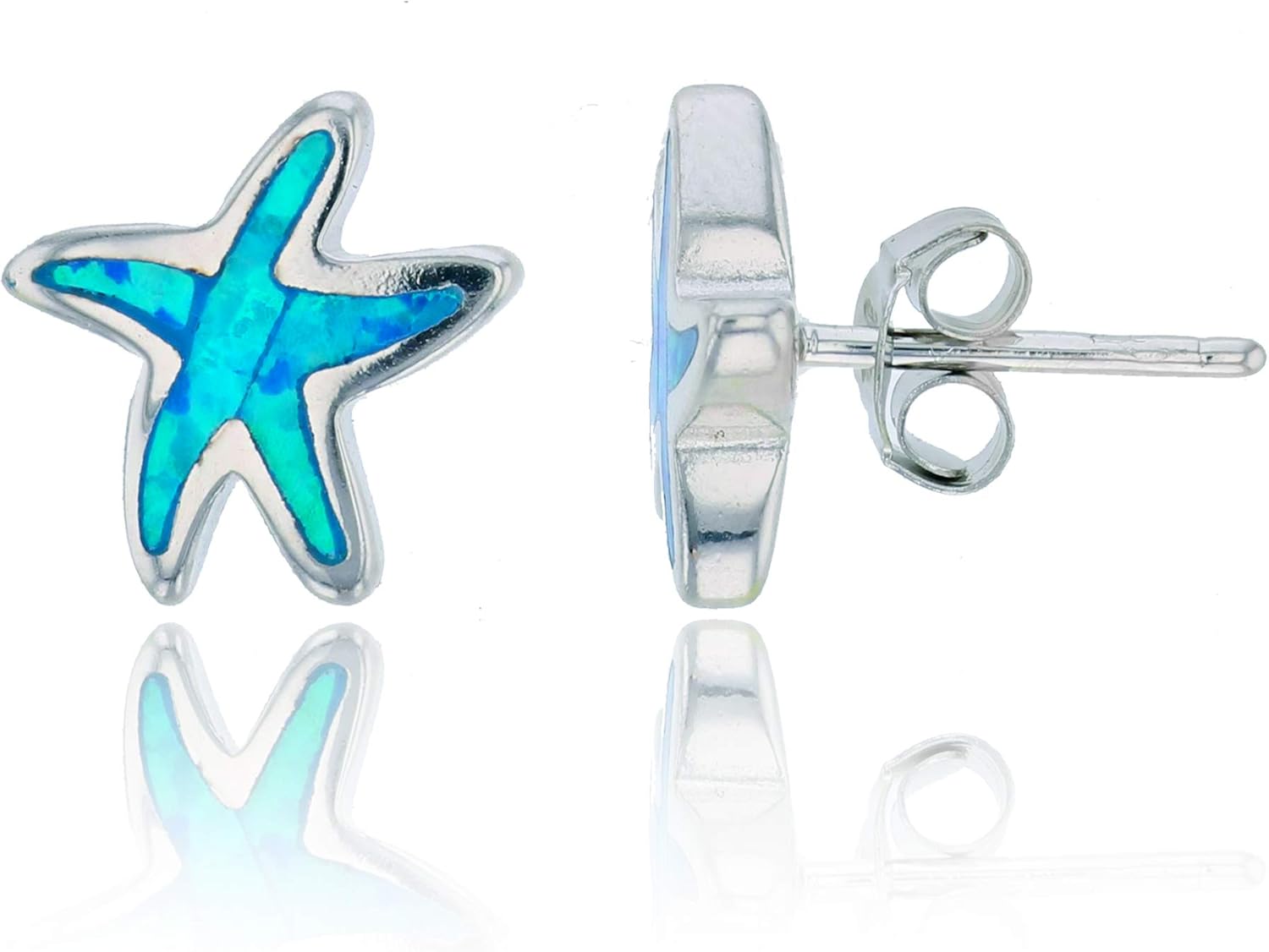 DECADENCE Rhodium Polished Created Opal Stud Earrings for Women | Star Fish 11.25x10.30mm Studs | Blue Green Turquoise | 925 Sterling Silver Pushbacks