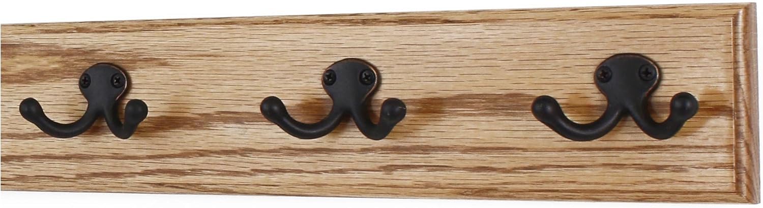PegandRail Oak Coat Rack with Aged Bronze Double Style Hooks (Golden Oak, 15" x 3.5" with 3 hooks)