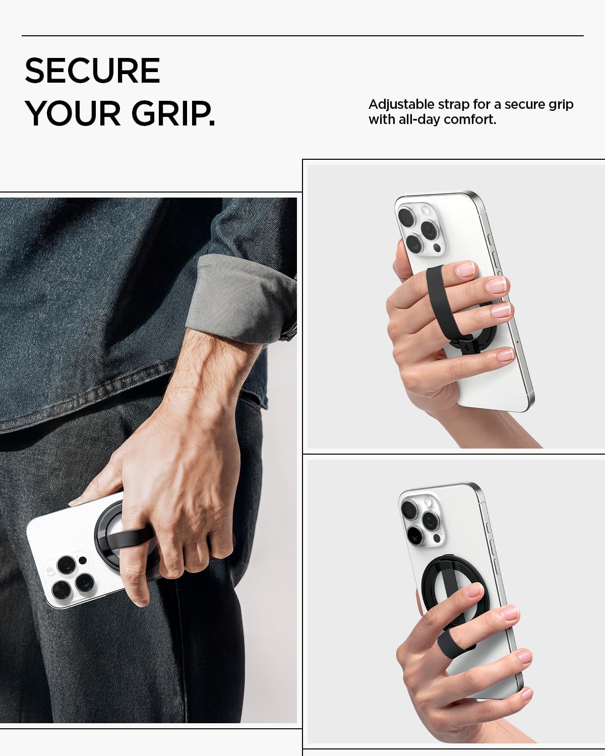 Spigen for MagSafe Phone Grip MagFit, Compatible with iPhone 17/16/15/14/13/Air/Pro/Pro Max, Galaxy S26 Series, Pixel 10 Series, Pixelsnap & More Magnetic Phone Holder Finger Loop Nylon Strap - Black