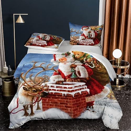 Juego de edredón de decoración de habitación de Año Nuevo, tamaño individual, diseño de chimenea de Papá Noel, alce de Papá Noel, para niños y