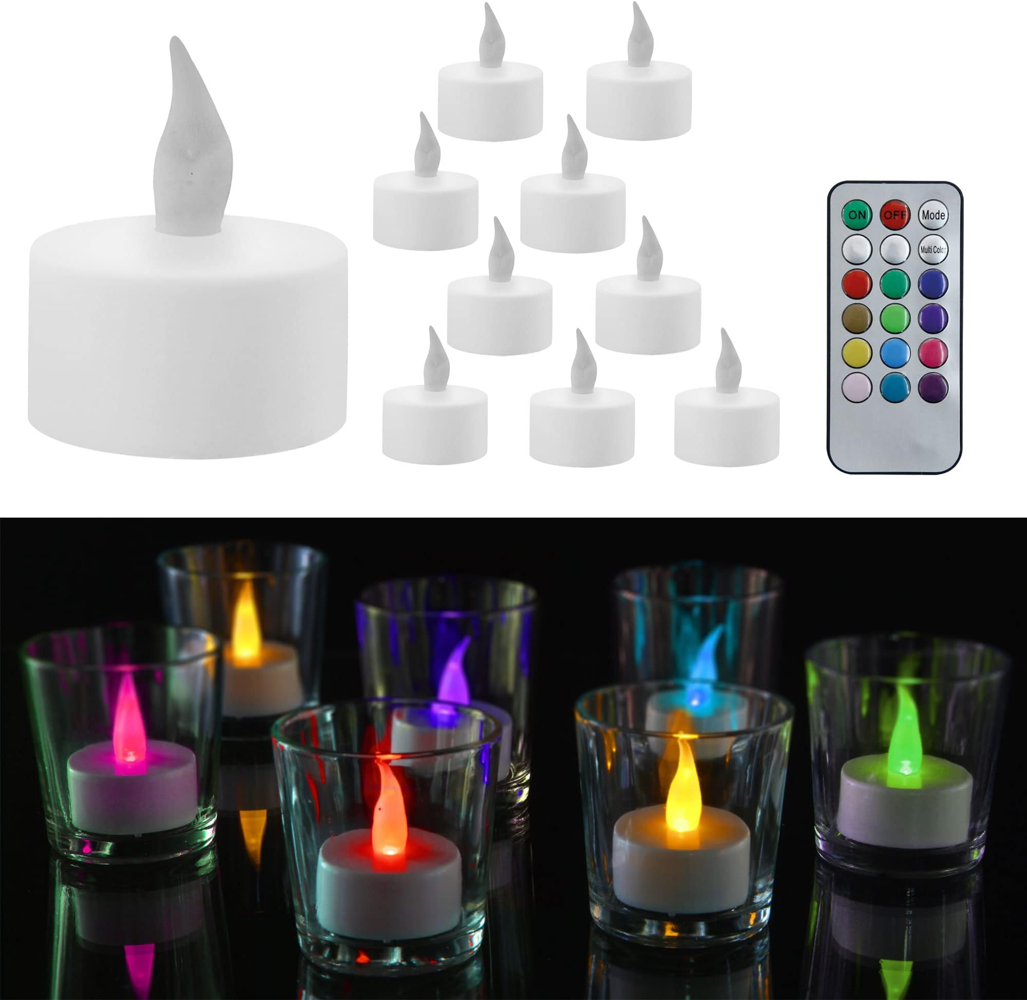 CepewaLED Tea Light Set of 10 | Diameter 3.5 cm White Remote Control Including Batteries | Timer Function Flameless (1 x Set of 10 Tea Lights Colourful)