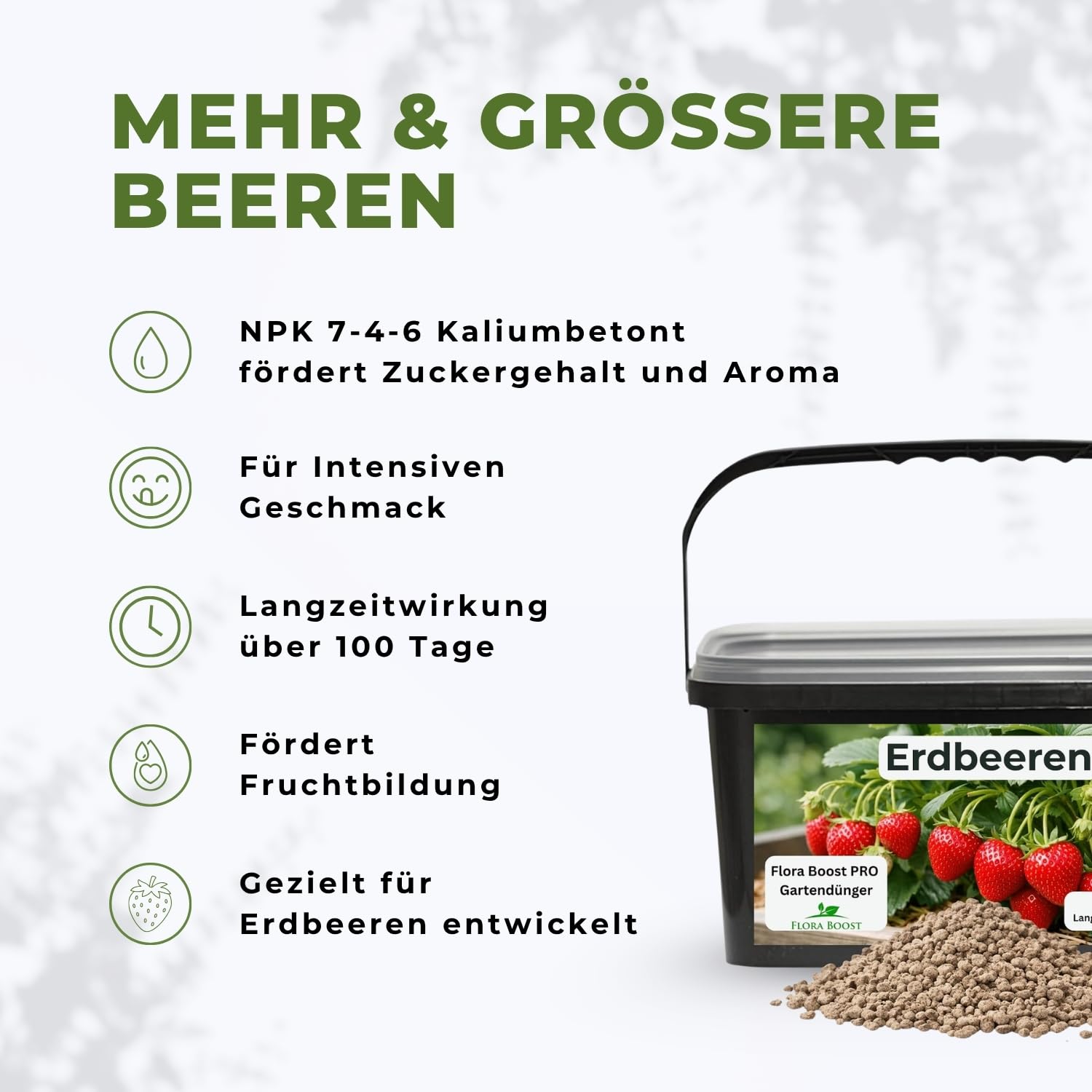 Flora Boost PRO Erdbeer Dünger Langzeitwirkung 5 kg I NPK 7-4-6 Granulat für Erdbeerpflanzen I Organisch-mineralischer Beerendünger für süße Früchte, hohe Erträge & gesundes Wachstum