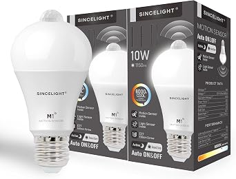 SINCELIGHT Motion Sensor LED Bulb with E27 Cap, Detects Human Movement, Automatic ON/Off in Darkness, 10W GLS Bulb with PIR Sensor, Security Light Bulb, 60 Seconds Delay, Pack of 2 [Energy Class E]