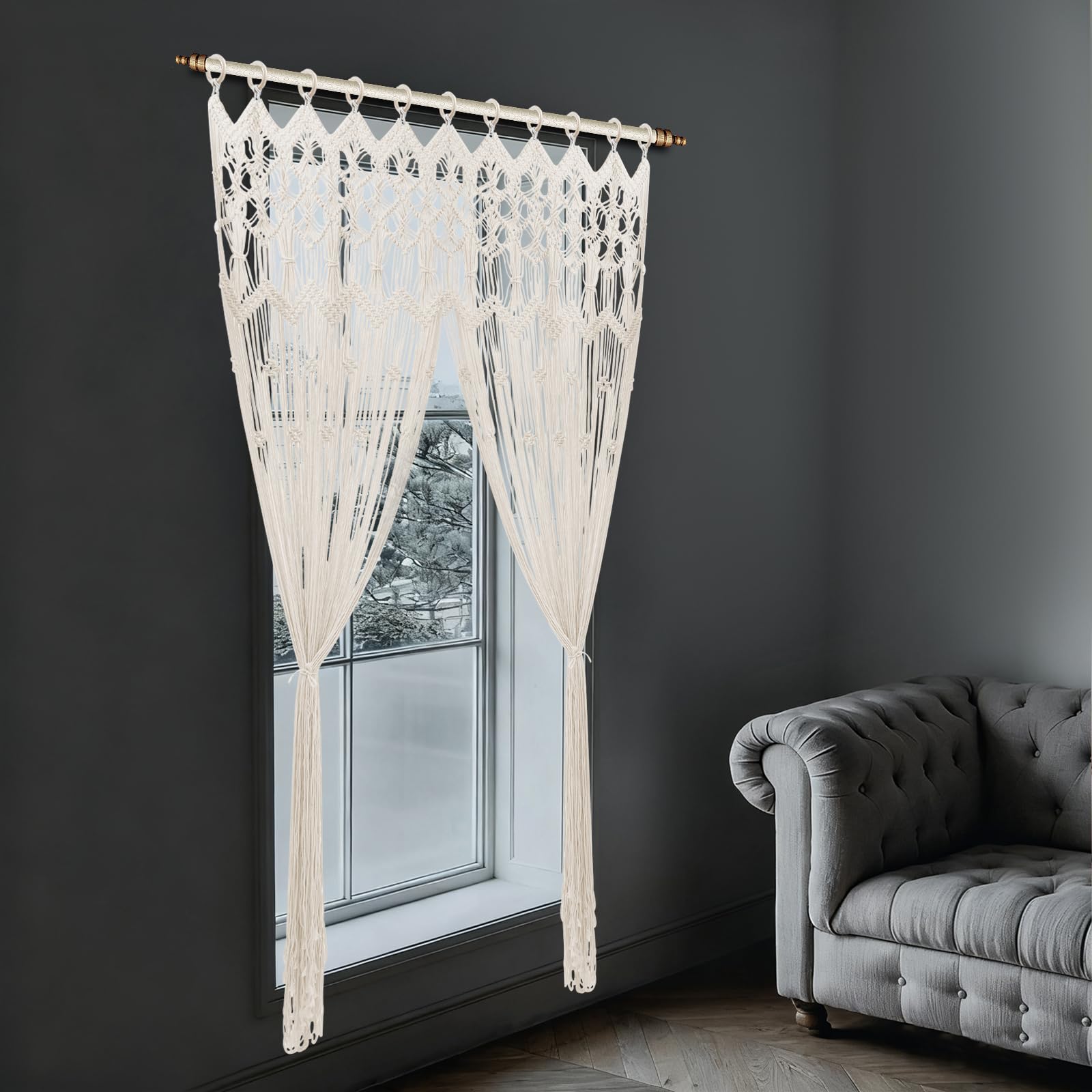 Rideau en macramé - Style bohème - Tapisserie murale - Rideau de fenêtre - Rideau en coton - Séparateur de pièce - Tissé - Rideau décoratif pour salon, chambre à coucher - 120 x 195 cm