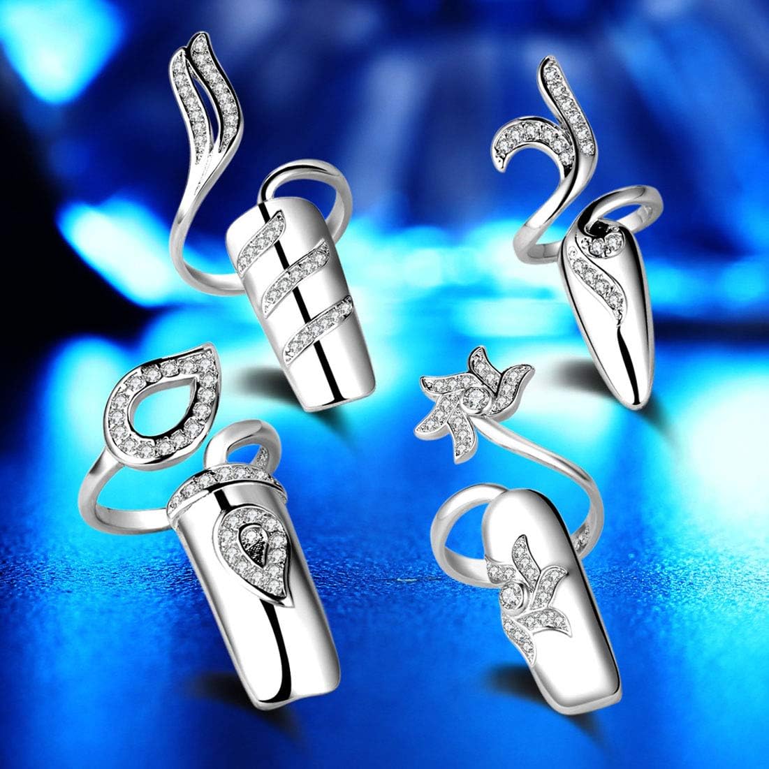 Suoirblss 4 PCS Women's Nail Cap Cover Ring Nail Protecting Fingernail Rhinestone Finger Tip Nail Ring Adjustable Opening Nail Art Charms Accessories image 3
