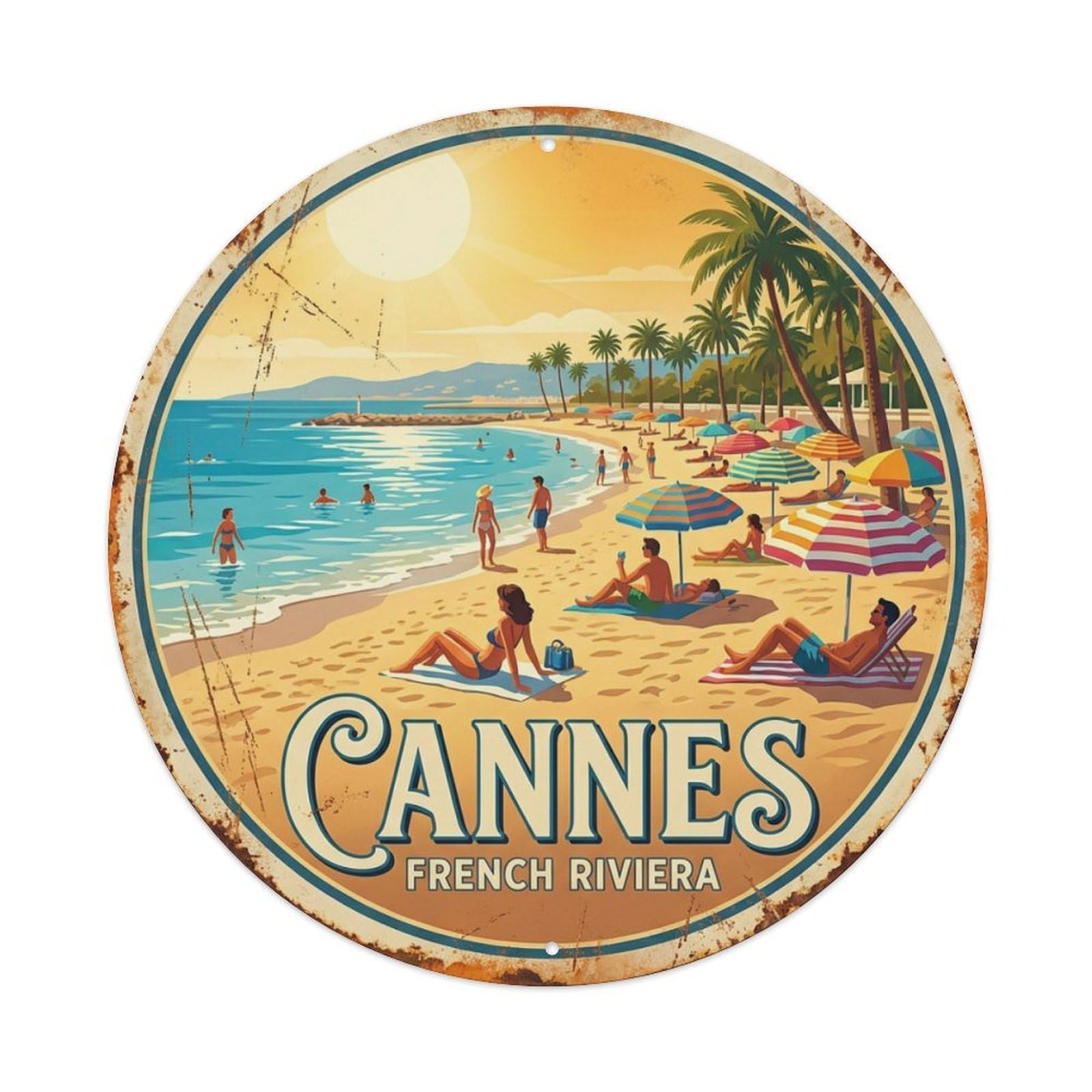 Cannes Beach French Riviera Coastal Travel Retro Metal Tin Sign