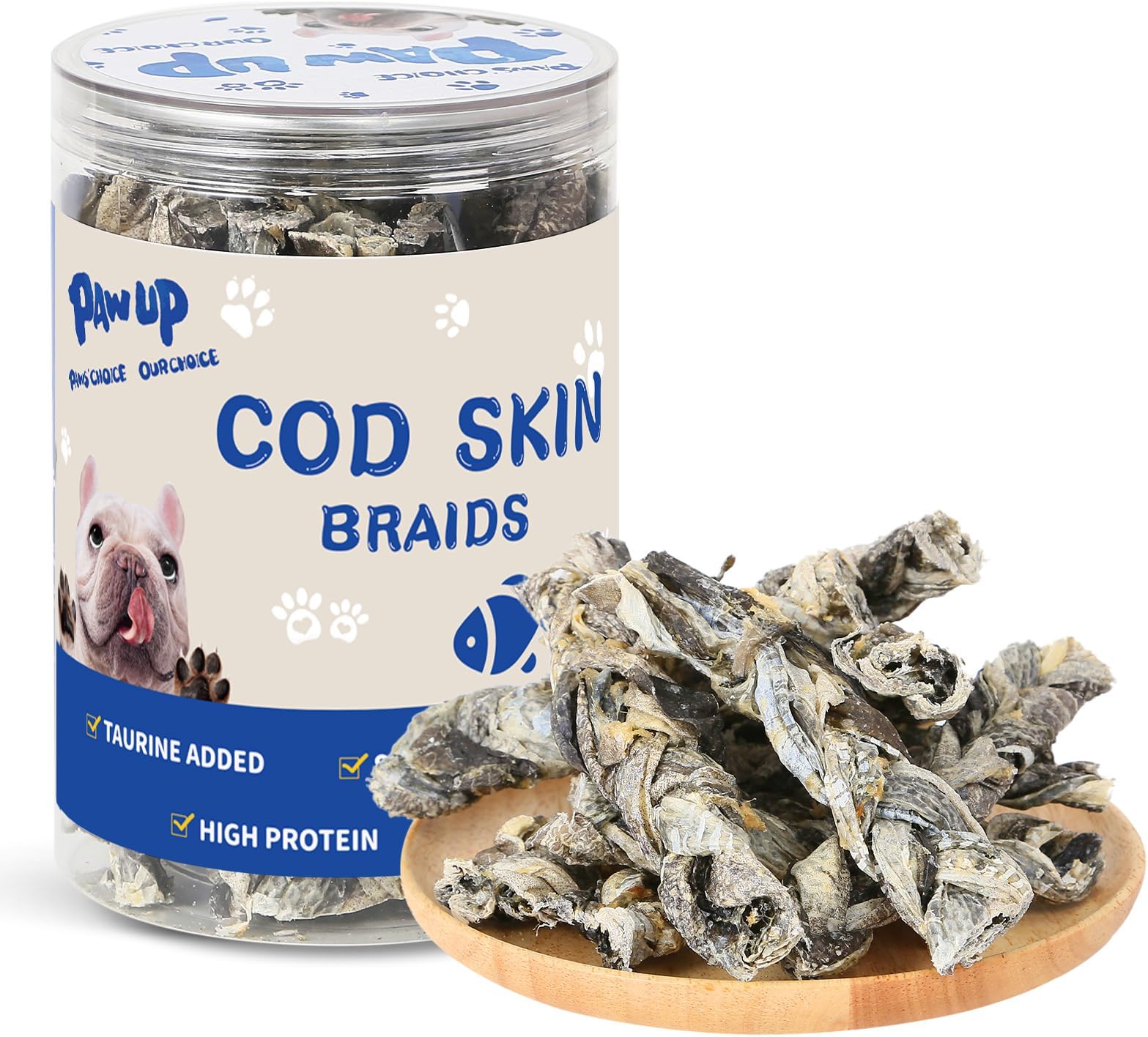 Cod Fish Skin Braids Dog Treats Natural Dried Dog Snacks Sticks, High Omega-3 Single Ingredient Cod Skin Chews w/Taurine, 7 oz