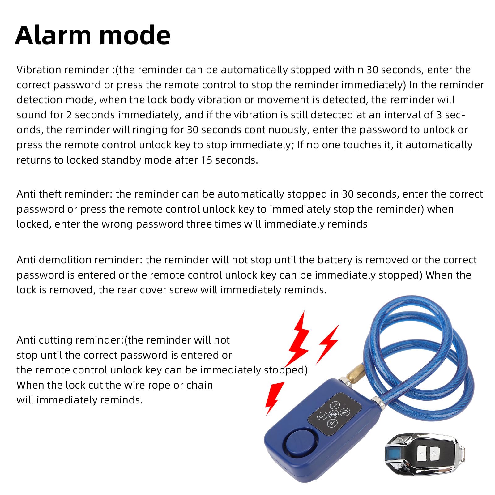 Lucchetto per Bici con Allarme, Lucchetto a Catena Antifurto con Password e Lunghezza Cavo da 31,5 Pollici, Antifurto Wireless con Allarme Oltre 110 DB (BLUE)