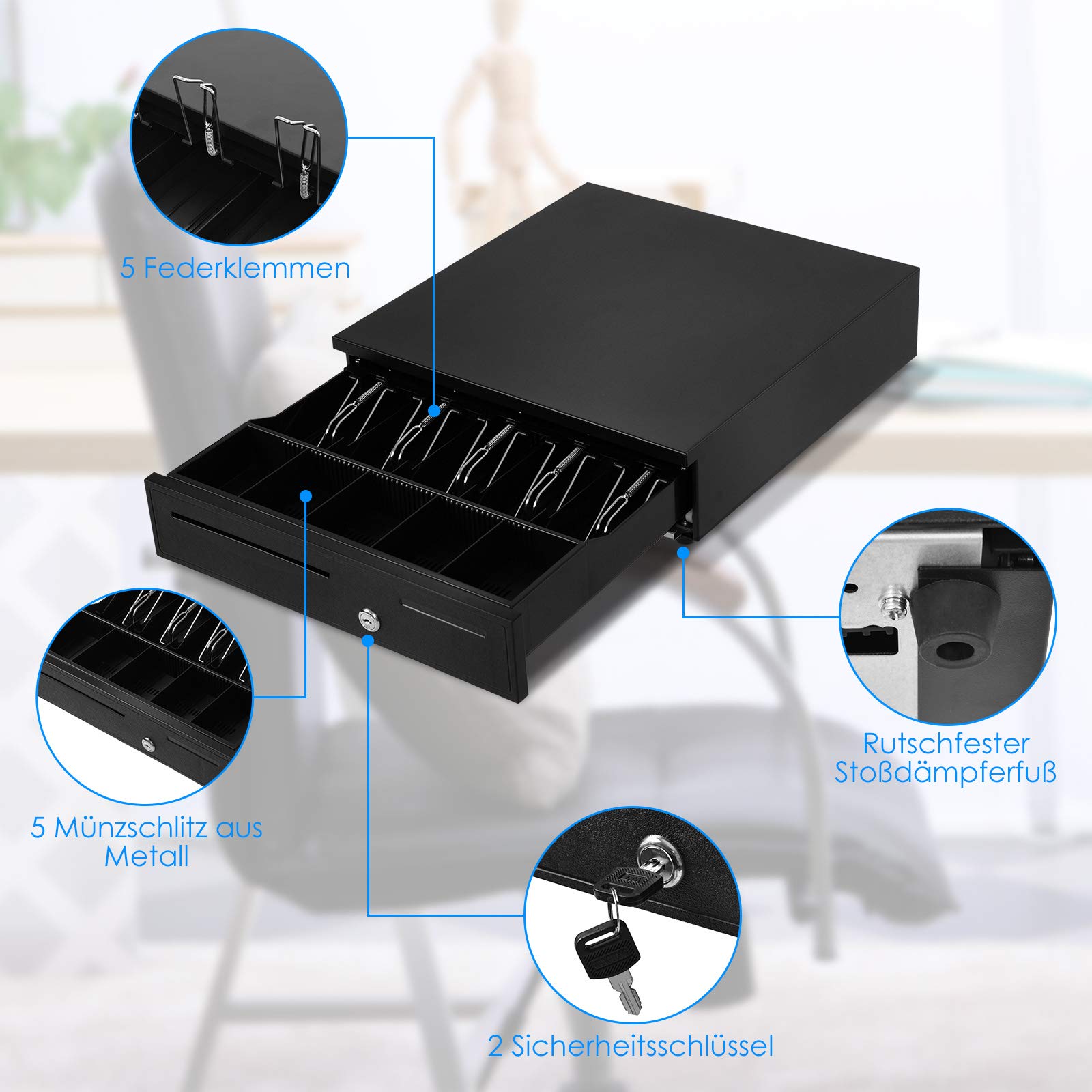 Goplus - Cajón para caja registradora, caja de dinero, cajón de caja registradora electrónica con 5 compartimentos para billetes y 5 compartimentos para monedas, color negro, 42 x 40,5 x 9 cm