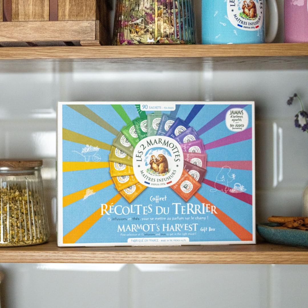 Les 2 Marmottes - Grand Coffret Récoltes du Terrier 90 Sachets - 12 Infusions 3 Thés - Idéal En Cadeau - Bien-Être Et Relaxation - Made In France - Sans arômes ajoutés - 134g