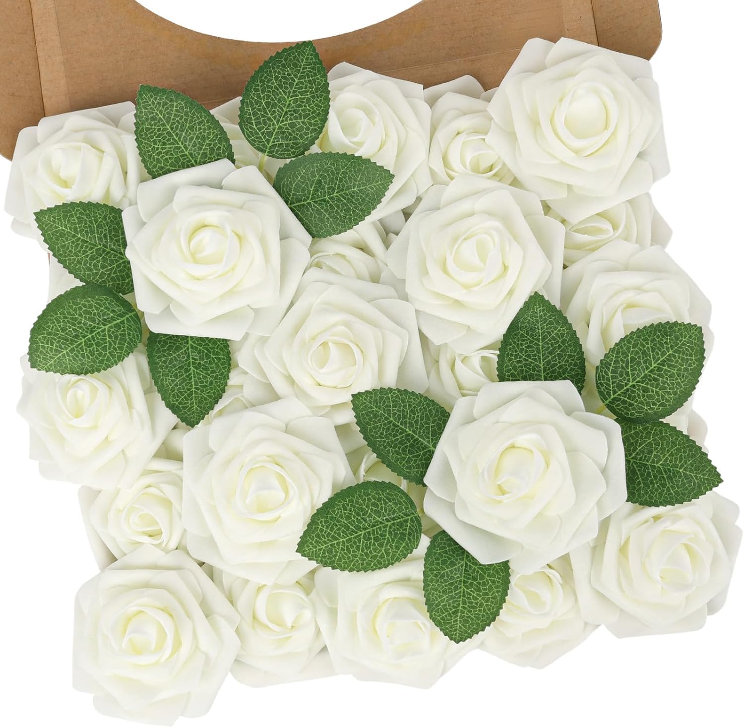 N&T Nieting Ivory White Artificial Flowers - 25Pcs Foam Roses With Stems, Fake Flowers For Diy Wedding Bouquets, Centerpieces, Crafts, Party & Home Decoration