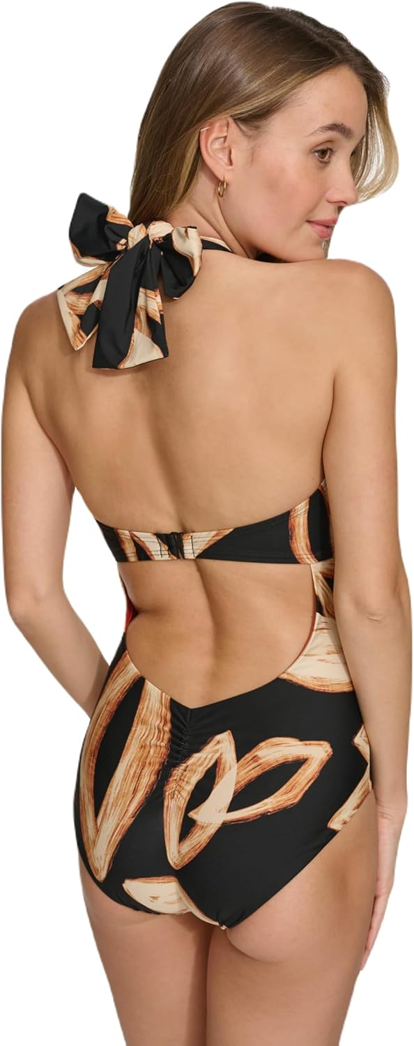 DKNY Womens Ring Halter Neck One Piece Swimsuit with Tummy Control - Image 4