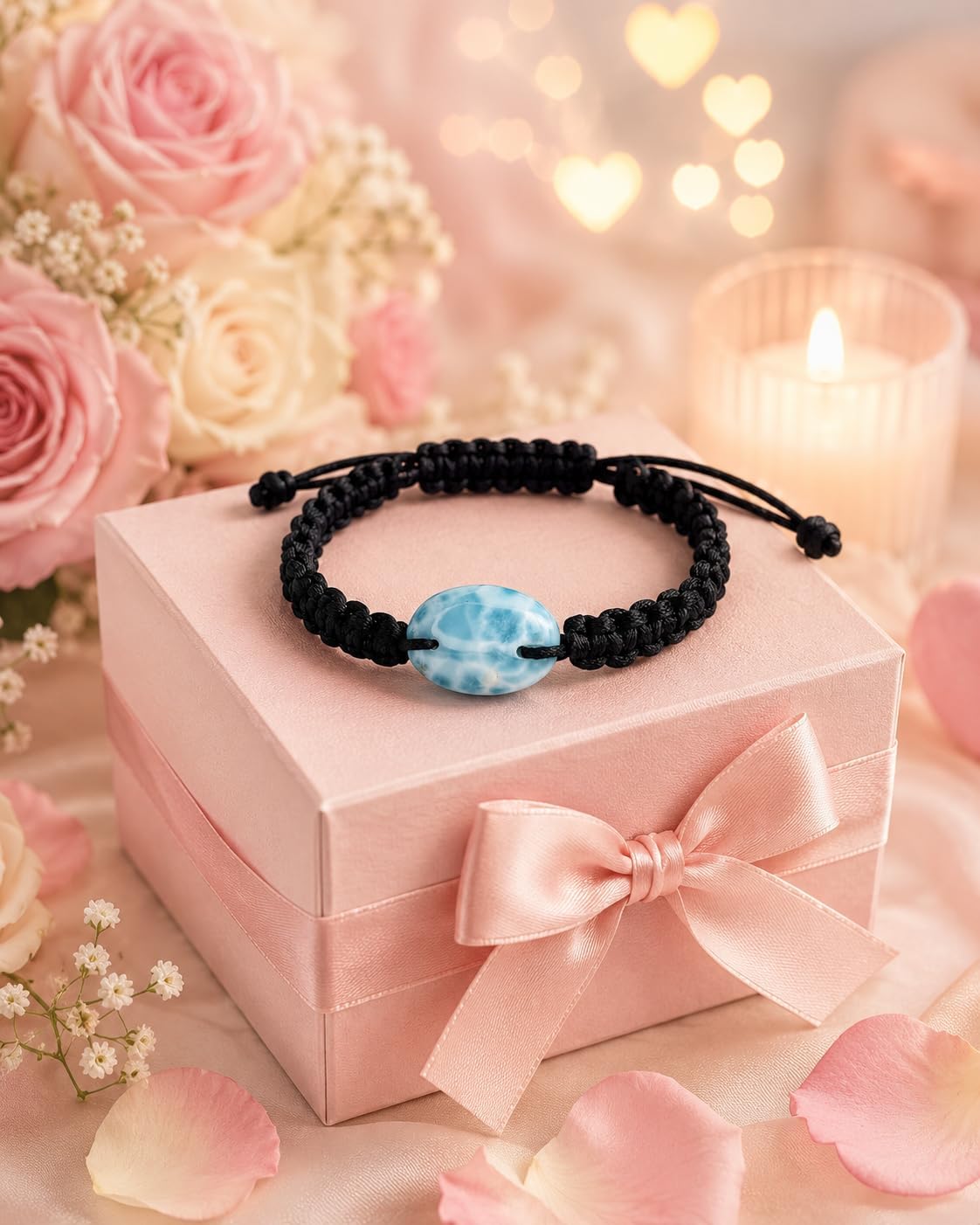 Adjustable Black Macrame Bracelet with Natural Blue Stone – Handmade Minimalist Gemstone Bracelet