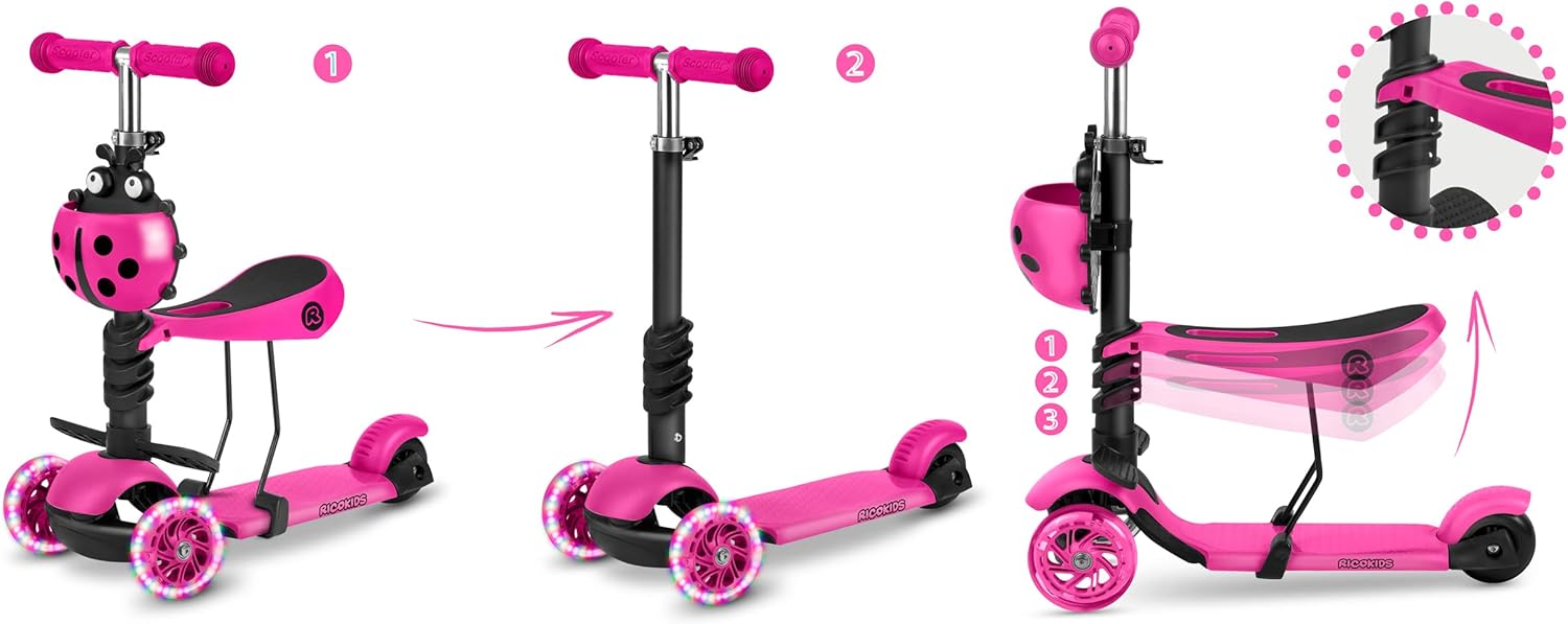 Diagram showing the Ricokids 3-in-1 Balance Scooter transforming from ride-on mode to stand-up scooter mode.