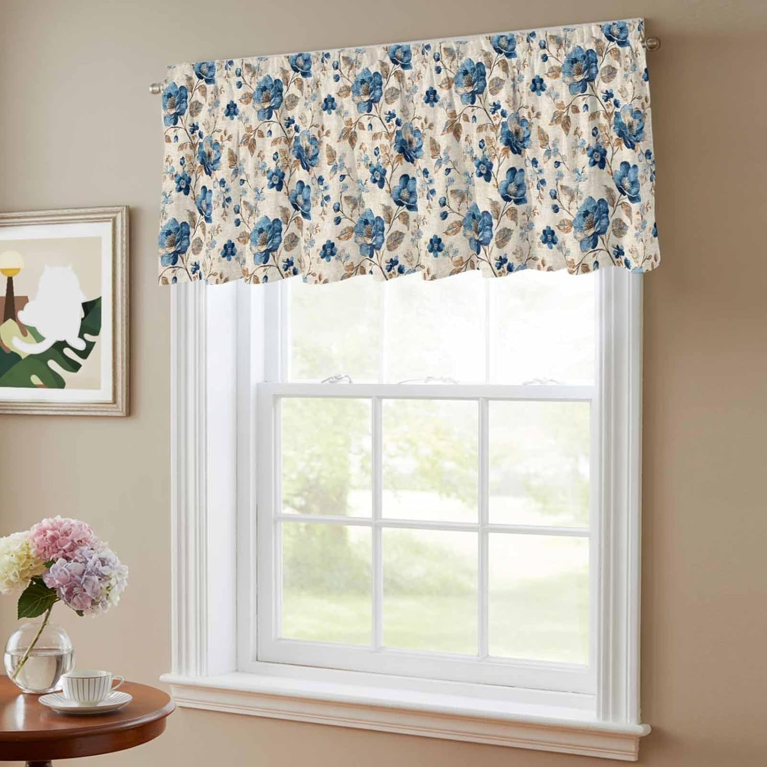 Blue Floral Valances for Windows 2 Pack Farmhouse Flower Kitchen Valance Curtains Rod Pocket Window Treatments Spring Vintage Botanical on Linen Valances for Living Room Bedroom Bathroom 54x18 Inch
