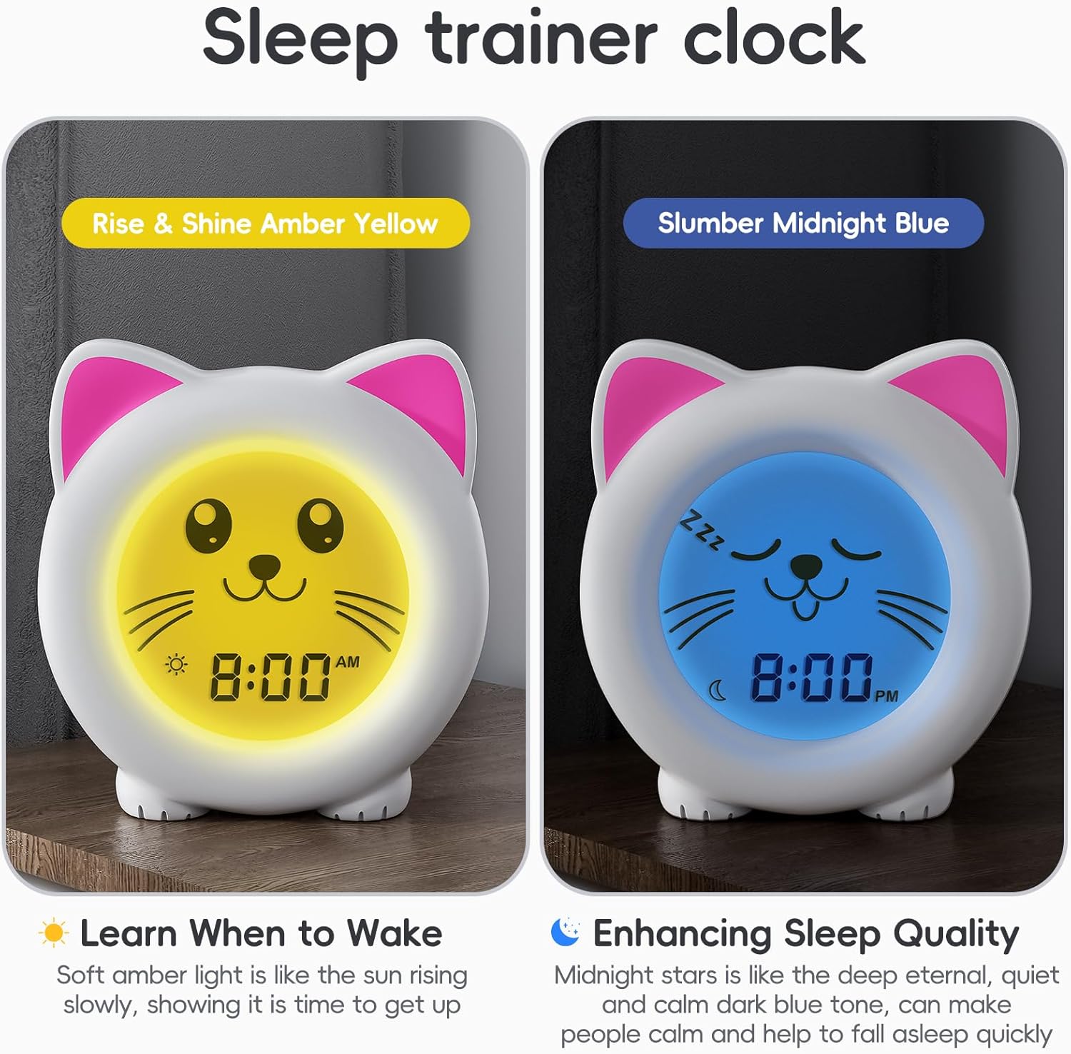 B&H Sleep Trainer Clock for Toddler - Rechargeable Kid Ok to Wake Clock, Cute Cat Girls Alarm Clock, Drop Proof, Night Light, Science-Backed Lighting for Peaceful Sleep and Ready to Rise Mornings