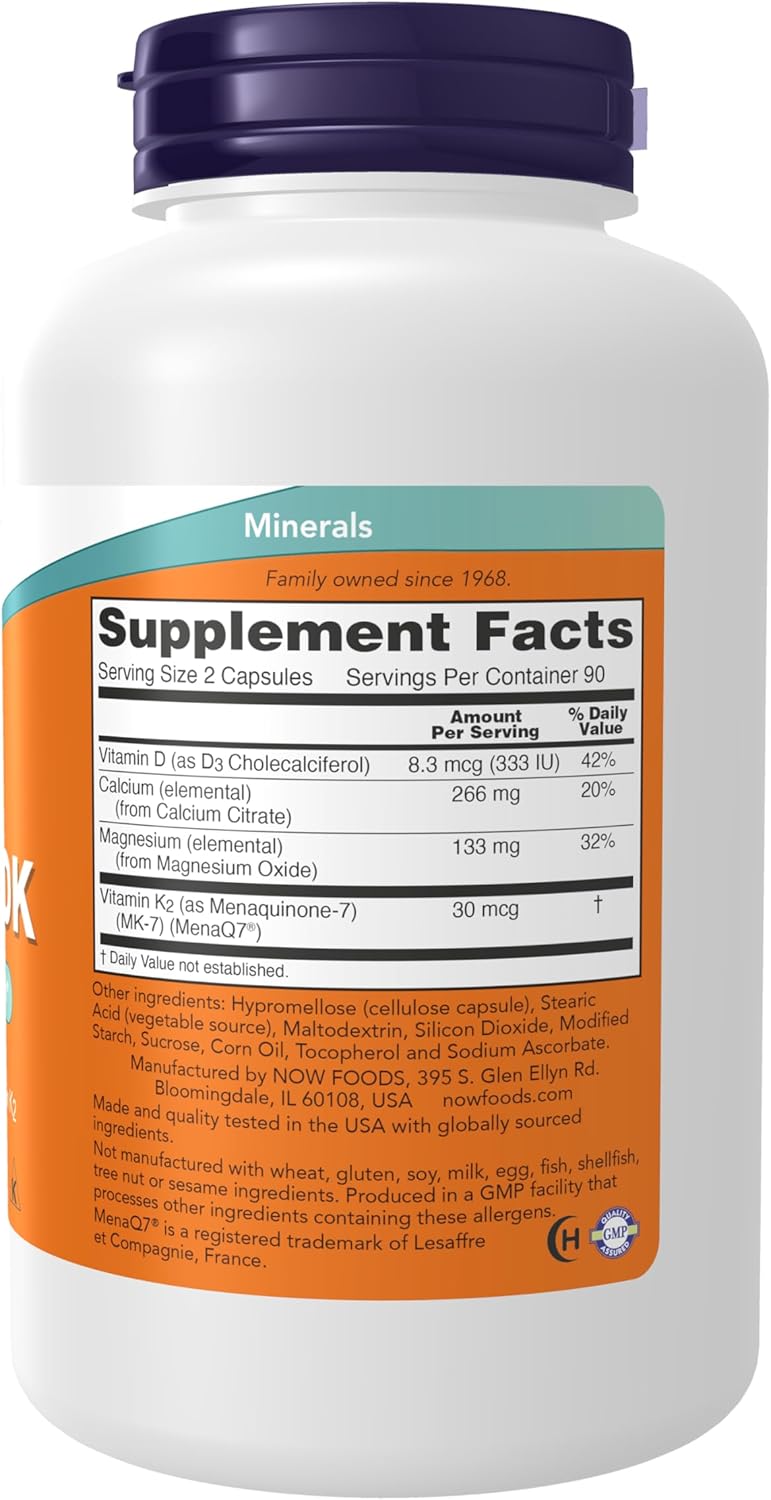 NOW Foods Supplements, Cal-Mag DK with Vitamin D-3 and Vitamin K-2, Supports Bone Health*, 180 Capsules - Image 2