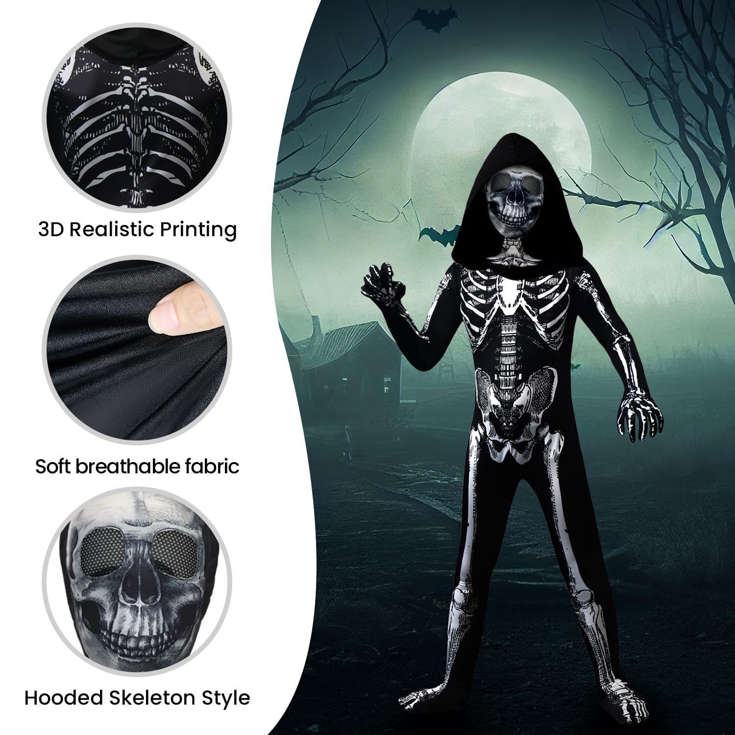 Disfraz de esqueleto de Halloween para niños, disfraz de esqueleto con capucha, huesos con máscara para niños y niñas, disfraz de cosplay de Halloween