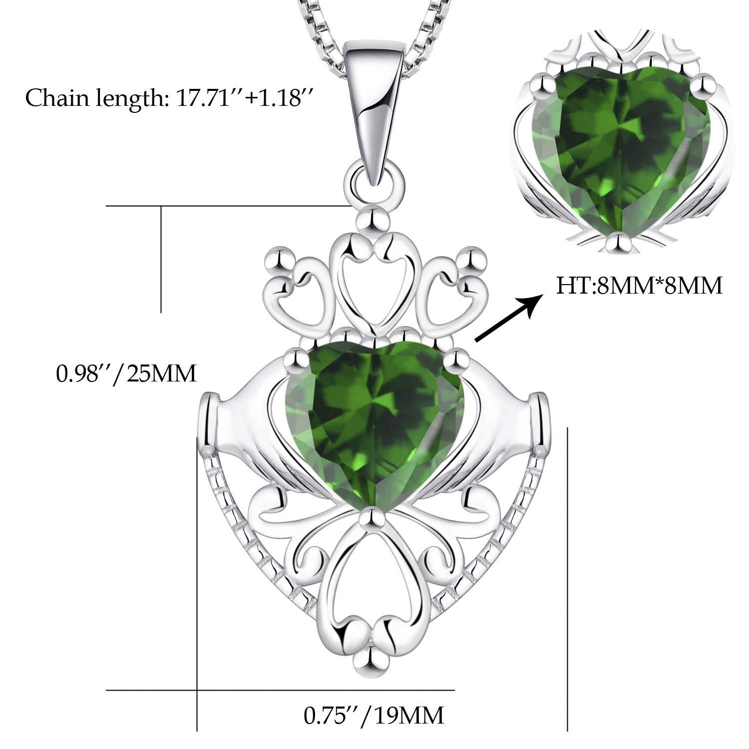 JO WISDOM Damski naszyjnik, srebro wysokiej próby 925 celtyckie serce Claddagh naszyjnik z 8 mm x 8 mm serce cięcie 3A cyrkonia sześcienna, irlandzka biżuteria ślubna, Cyrkonia sześcienna