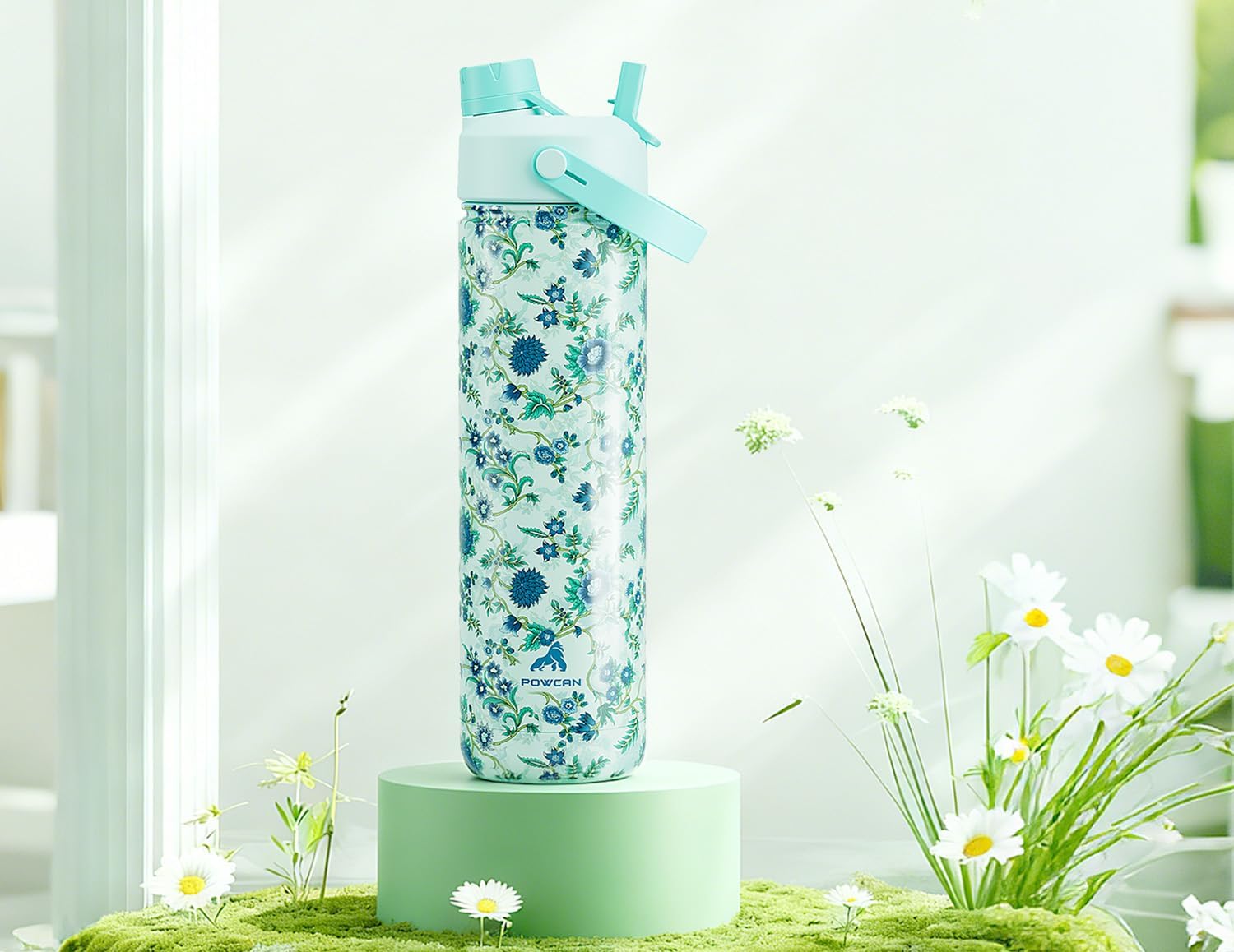 POWCAN 26 oz Insulated Water Bottle with 2-in-1 Straw and Spout Lid, Keep Cold 24H, Leak-Proof, Fits in Car Cup Holder, Stainless Steel Water Bottle for Sports, Trip, Gym, and School (Verdant Bloom) Verdant Bloom 26 Ounces