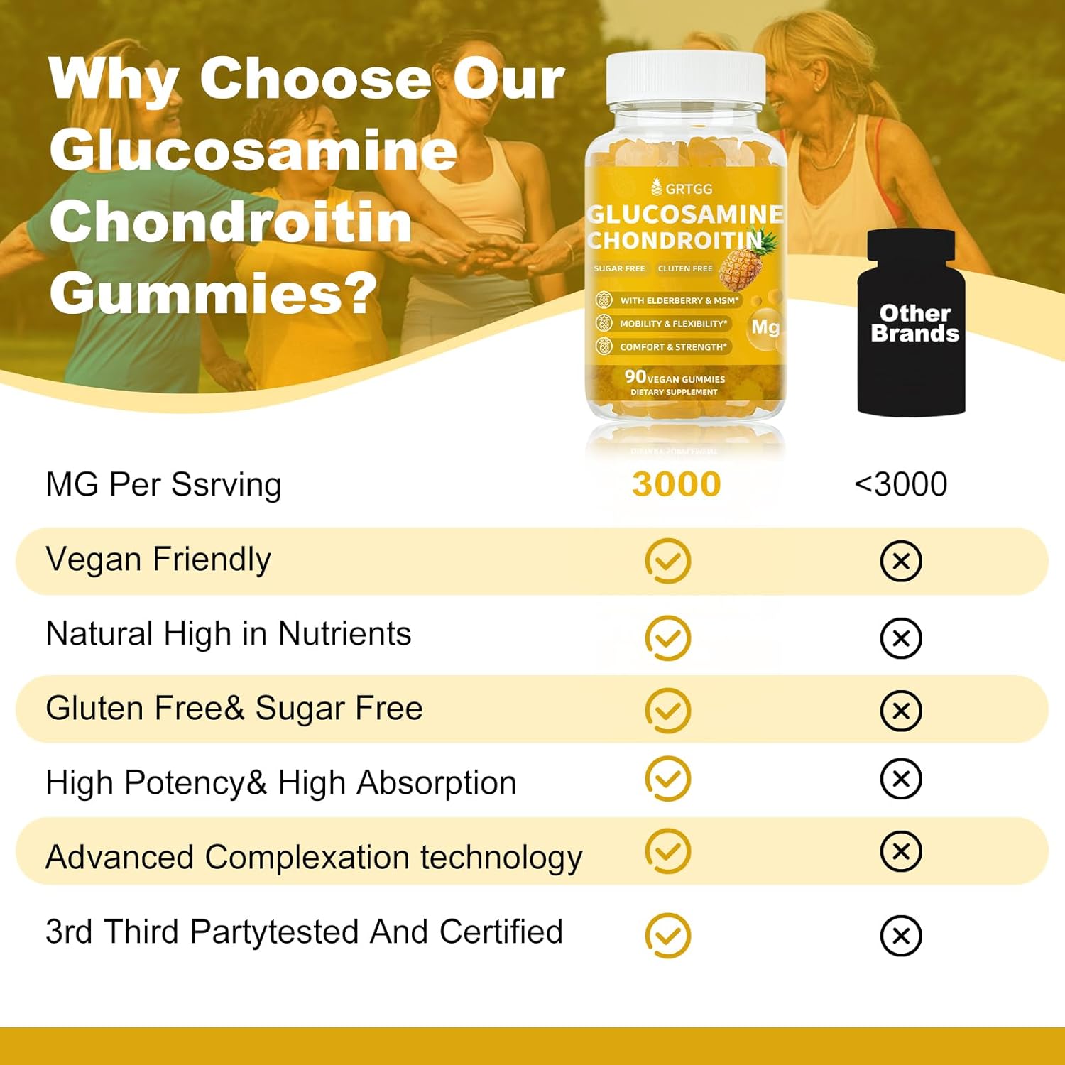 Glucosamine Chondroitin Gummies with MSM & Elderberry Extra Strength 3000MG - Joint Support, Antioxidant Immune Support Supplement for Adults, Men & Women - 90 Pineapple Gummies - Image 4