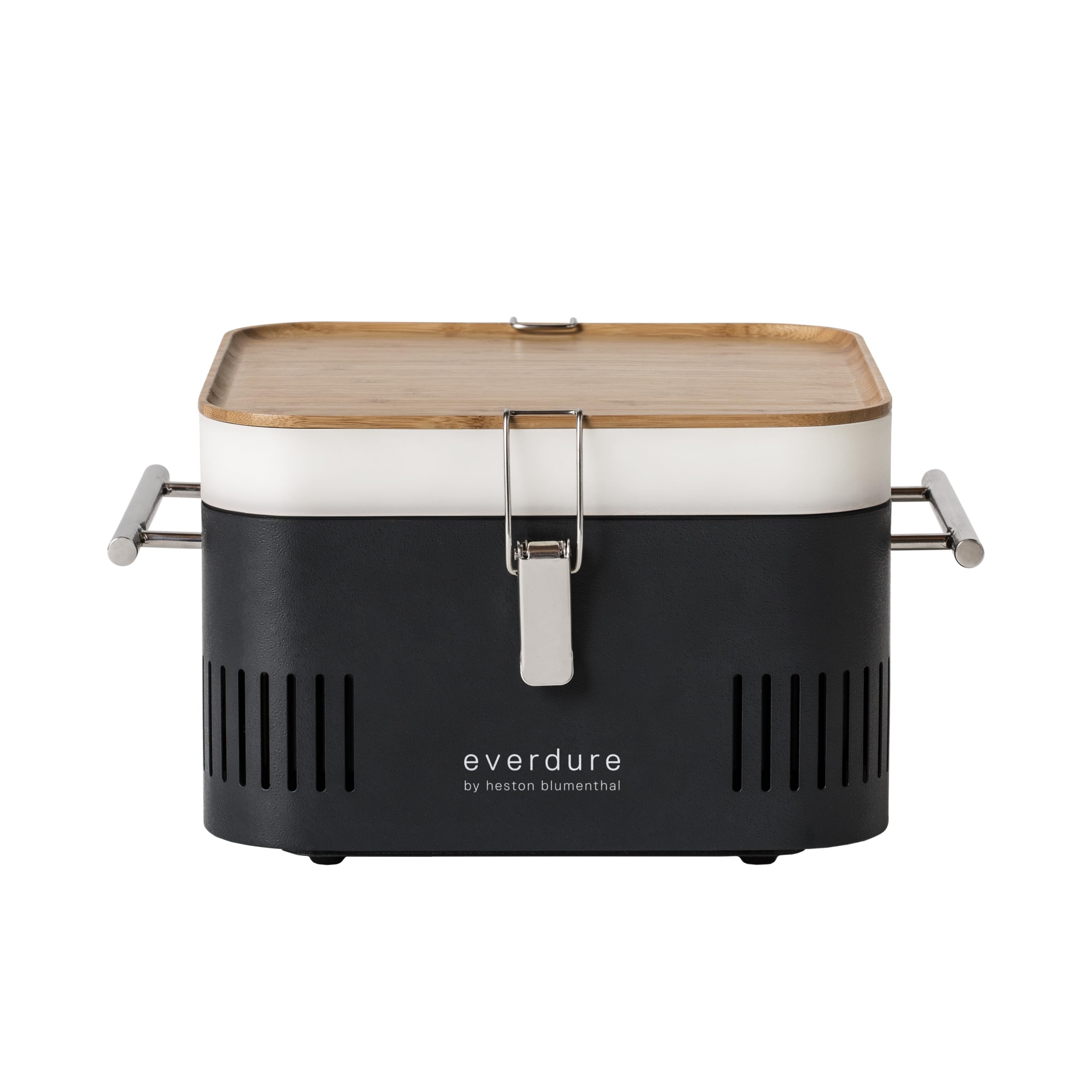 Everdure by Heston Blumenthal Cube Portable Charcoal BBQ Grill, Compact Travel Barbecue with Bamboo Tray, Chrome Rack